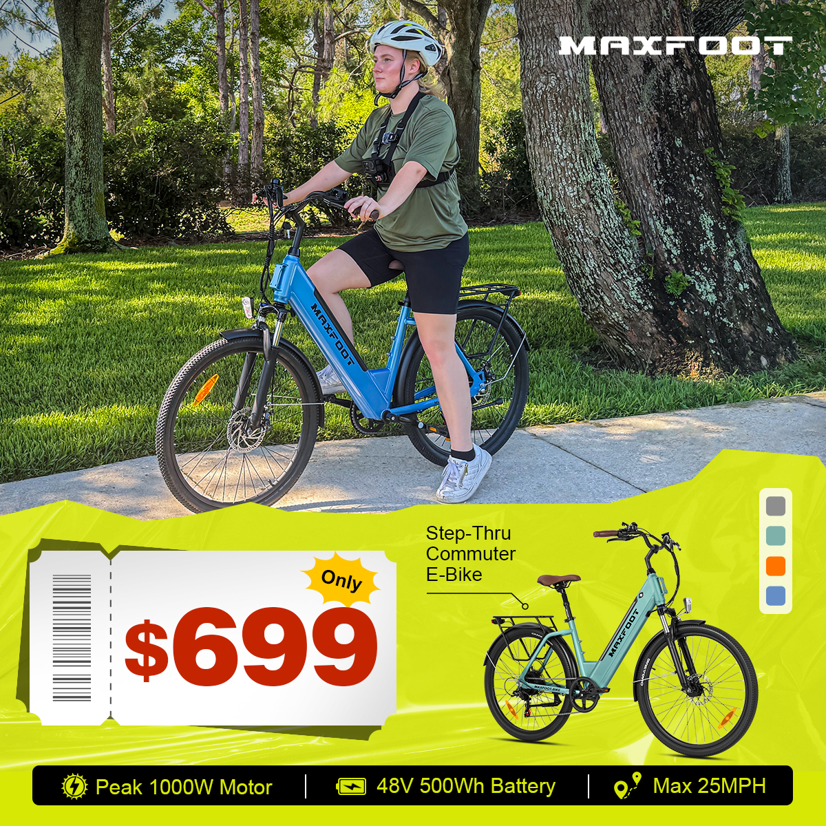 MaxFoot Electric Bike Facebook ad: MF-25 Step-Thru Commuter E-Bike