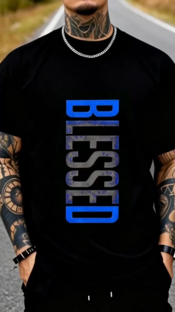 Mivolux Facebook ad: Bold BLESSED graphic tee with a vertical blue-gray…