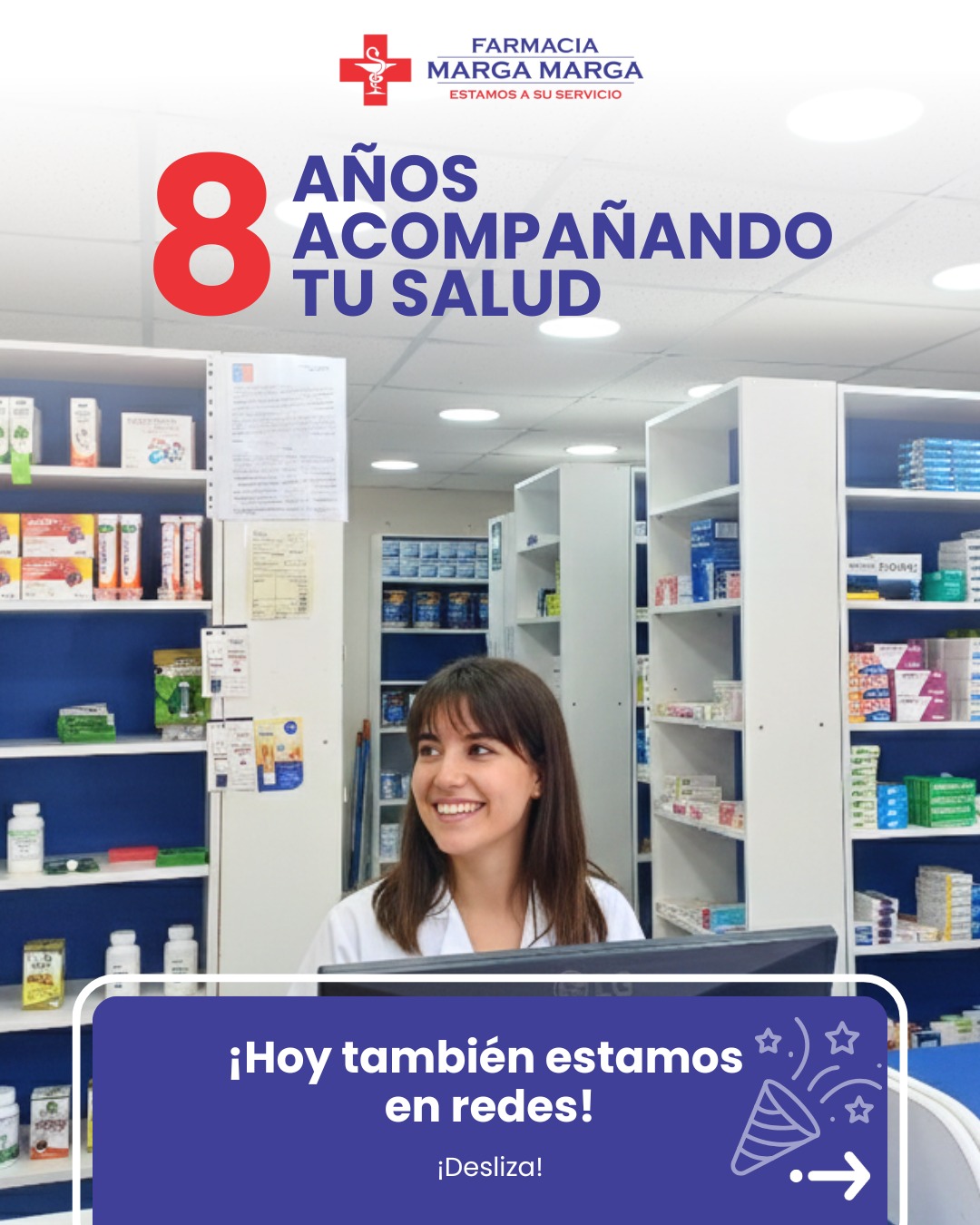 Farmacia Marga Marga Facebook ad: Durante 8 años hemos cuidado la salud de…