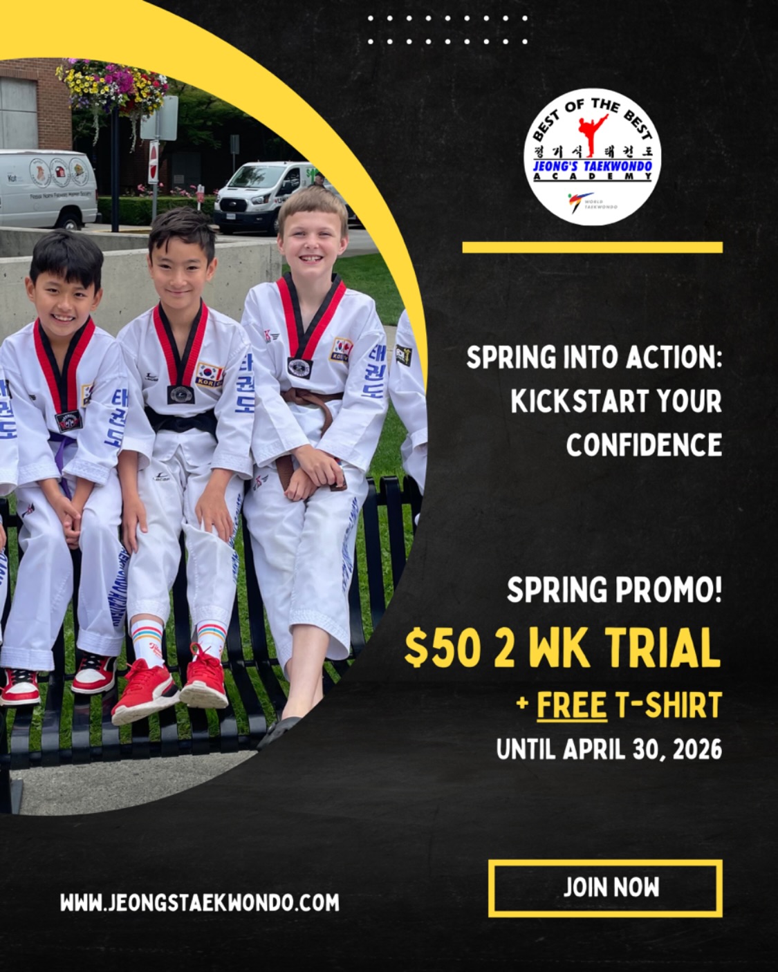 Jeong's Taekwondo Academy Facebook ad: SPRING 2026 PROMO ALERT: $50 2-wk trial +…
