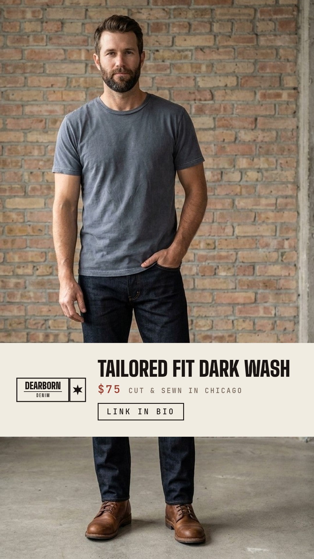 Dearborn Denim & Apparel Facebook ad: 10oz Stretch. Holds Its Shape.