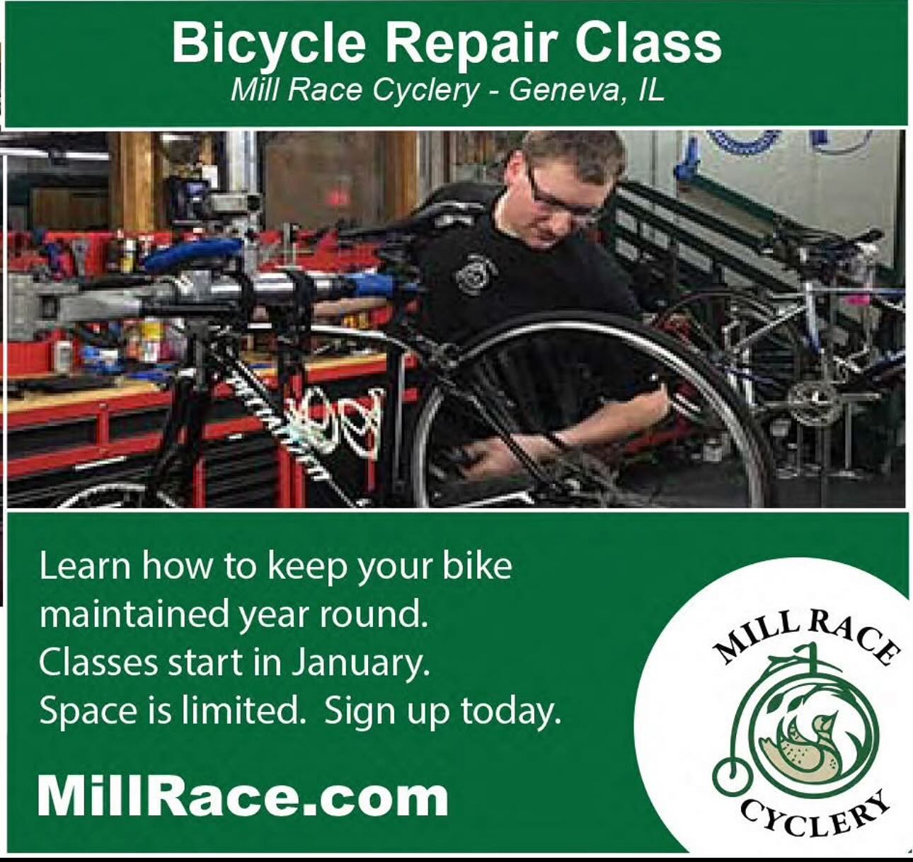 Mill Race Cyclery Facebook ad: Tuesday evenings or Saturday mornings.
