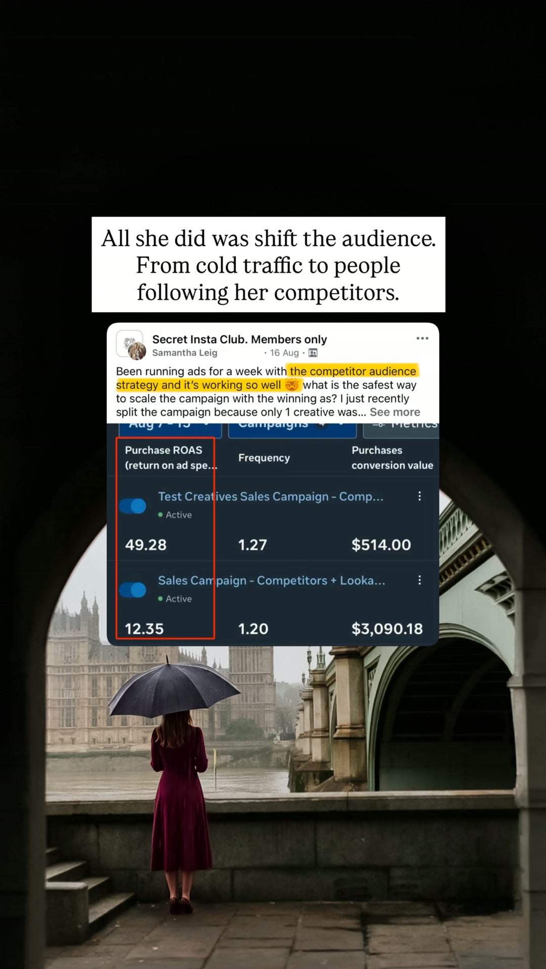 Secret Insta Club Facebook ad: Get Paying Clients from Your Competitors’ Followers