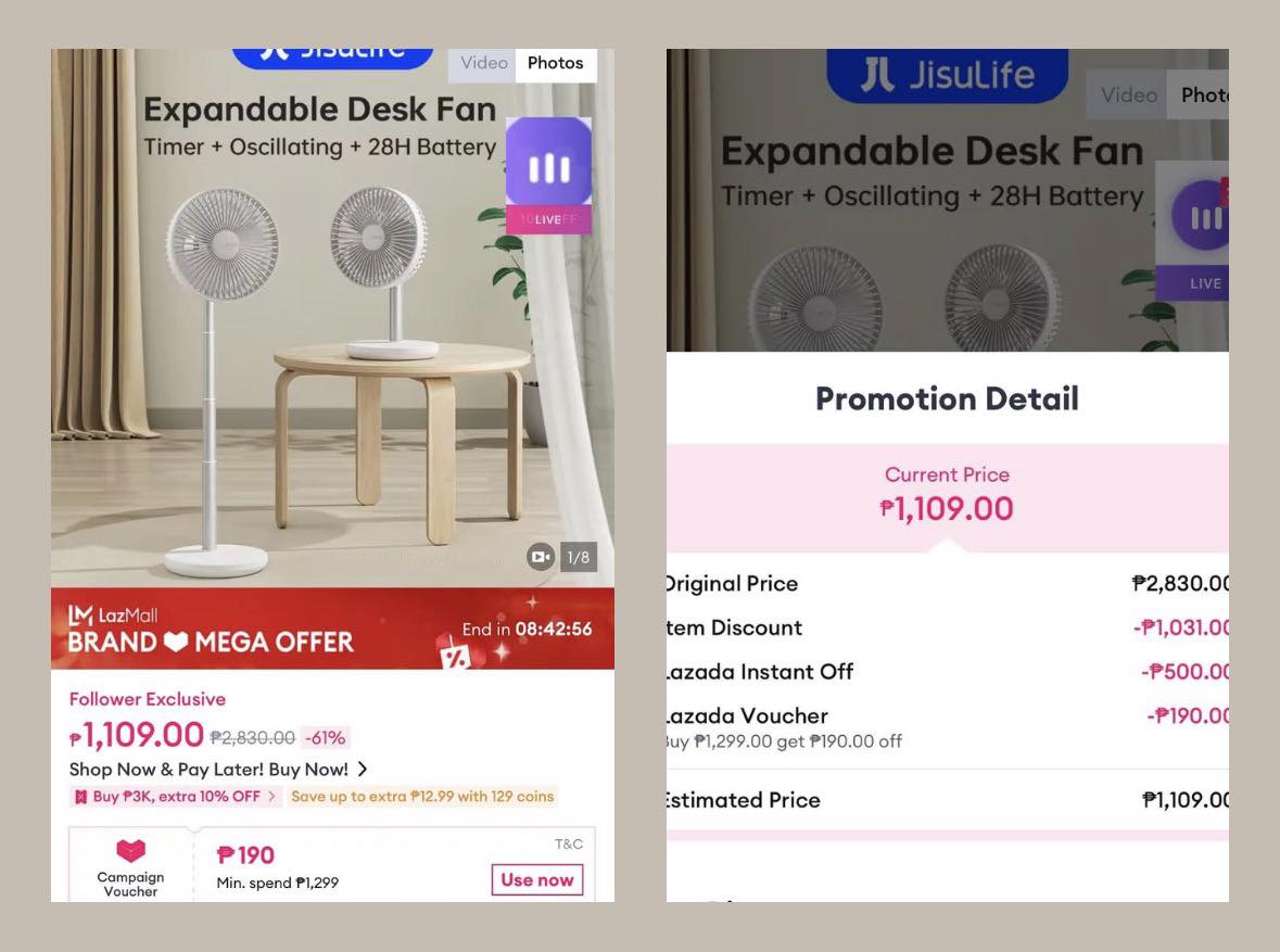 Mommy Mye. Facebook ad: ATTACK 30% OFF JISULIFE Table Fan Life7 Rechargeable…