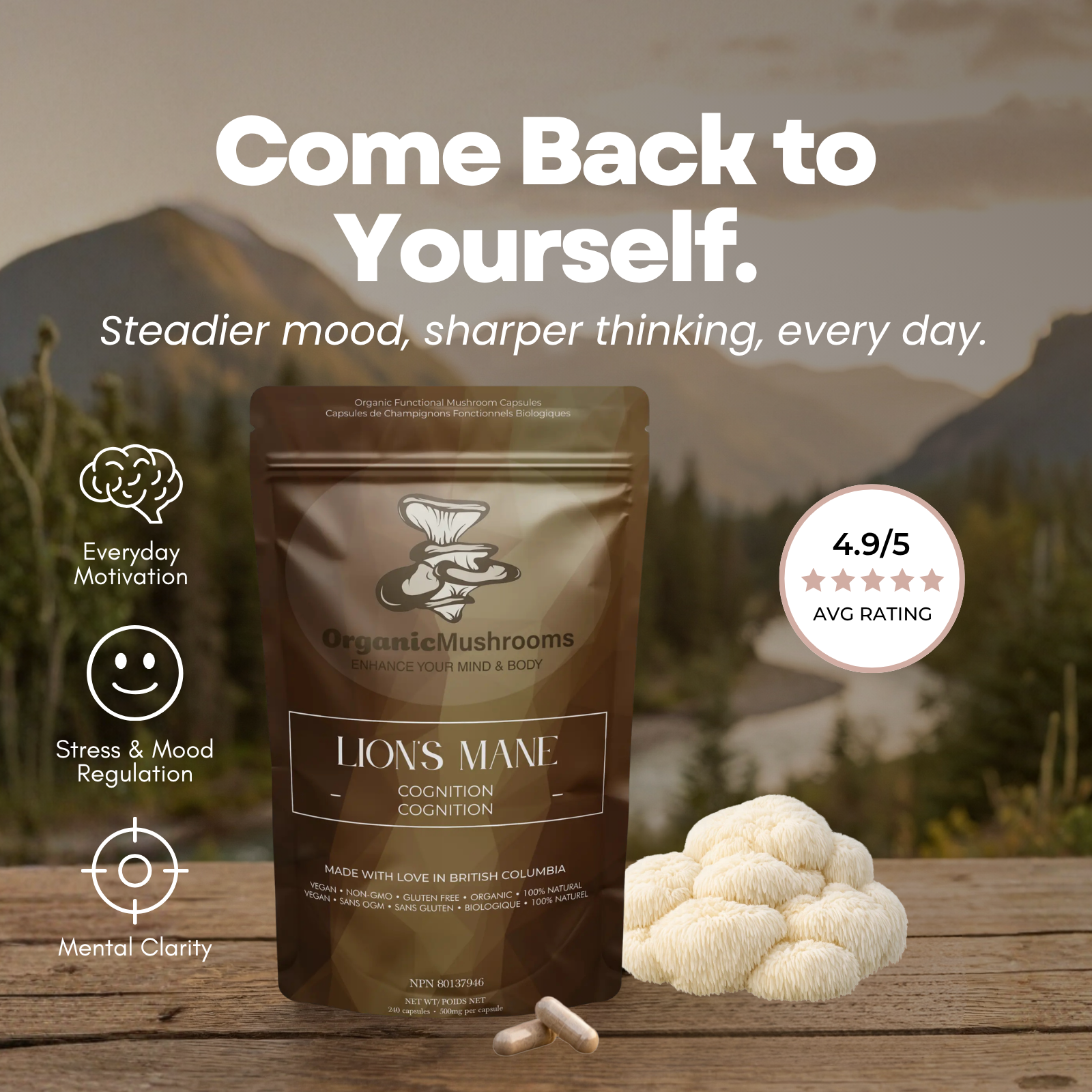Organic Mushrooms Canada Facebook ad: Steadier Mood, Every Day