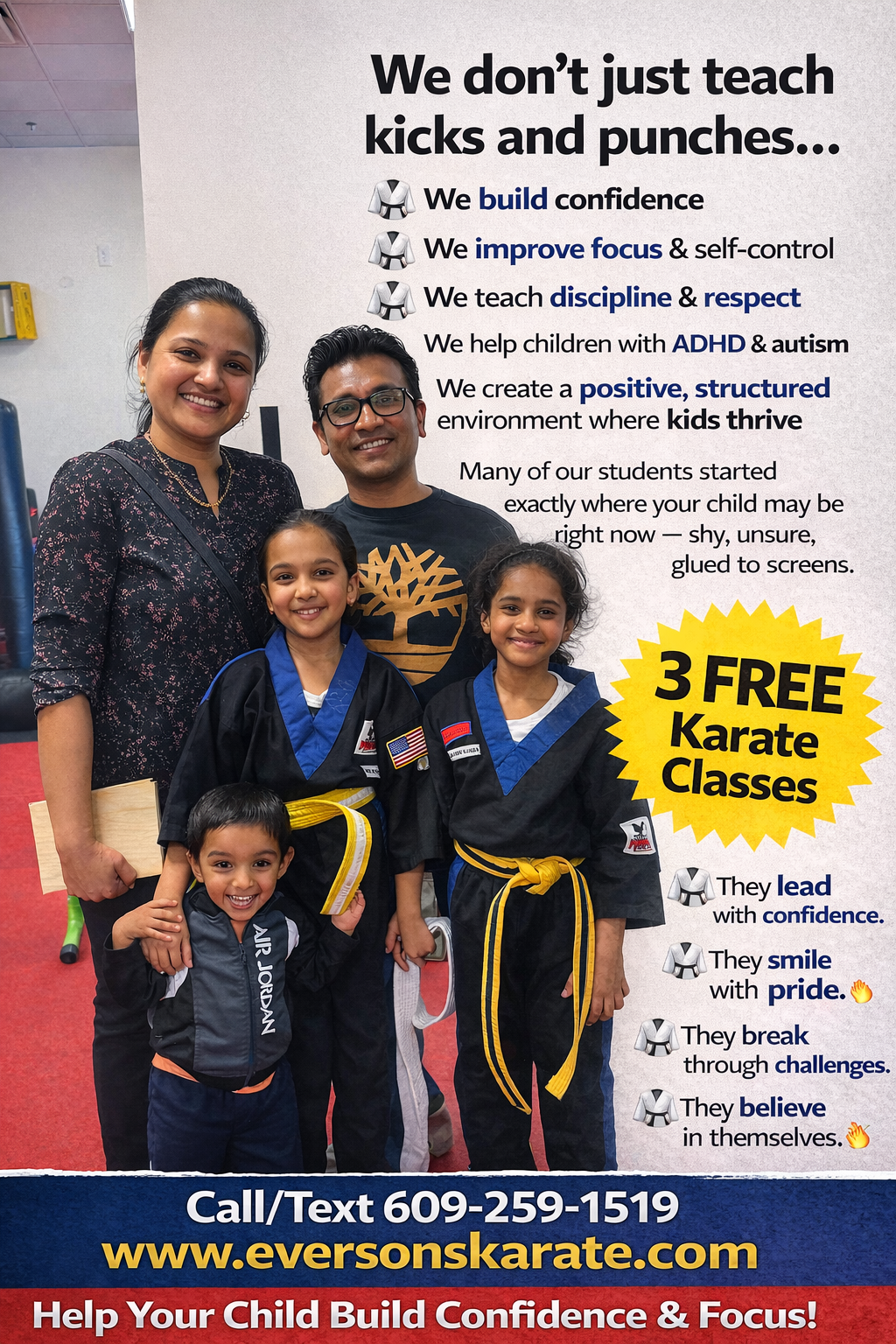 Everson's Karate Institute Robbinsville Facebook ad: 3 FREE Kids Karate Classes. Join the Everson’s Karate Family
