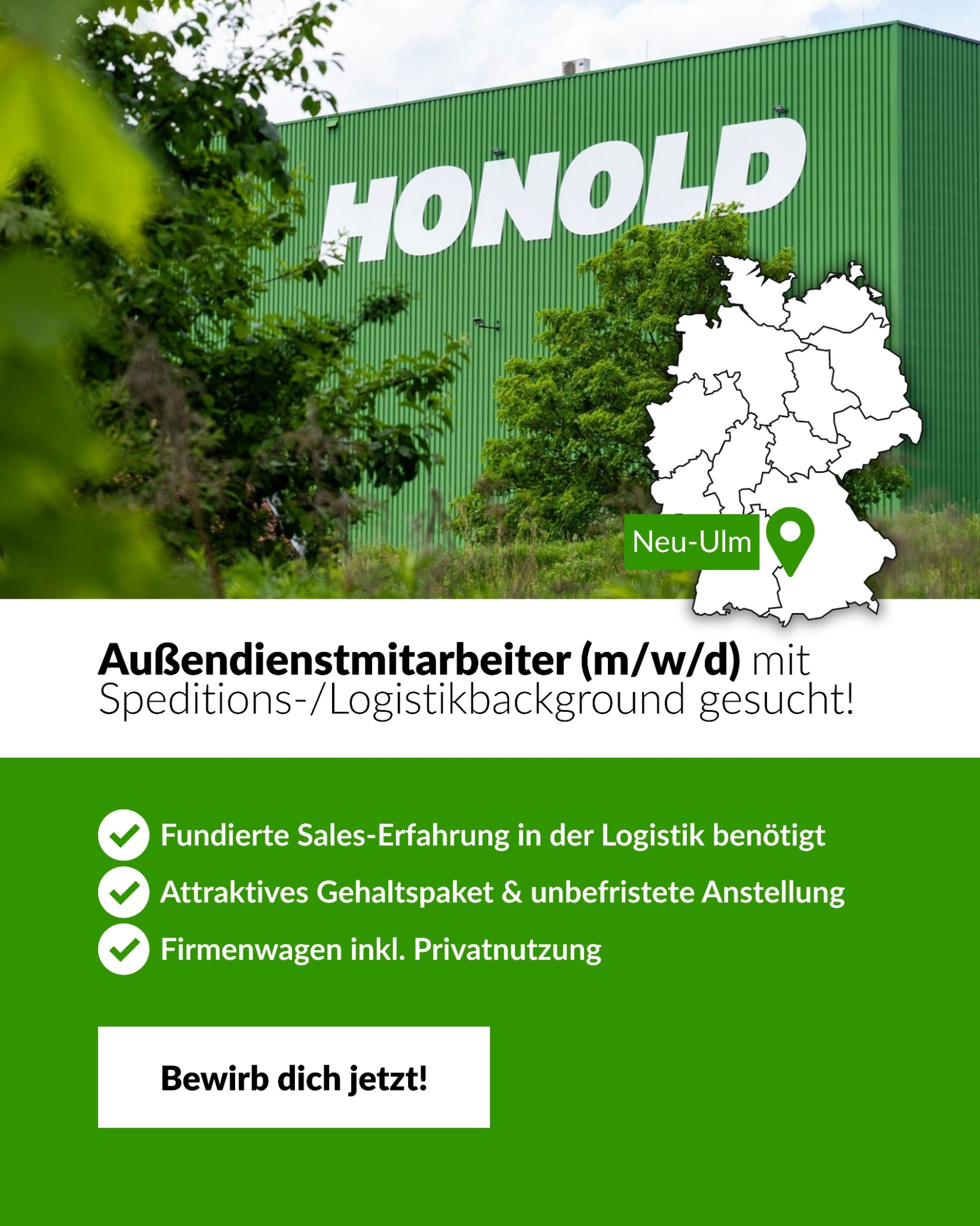 Honold Facebook ad: Sales-Jäger gesucht: Firmenwagen & ungedeckelte Tantiemen!