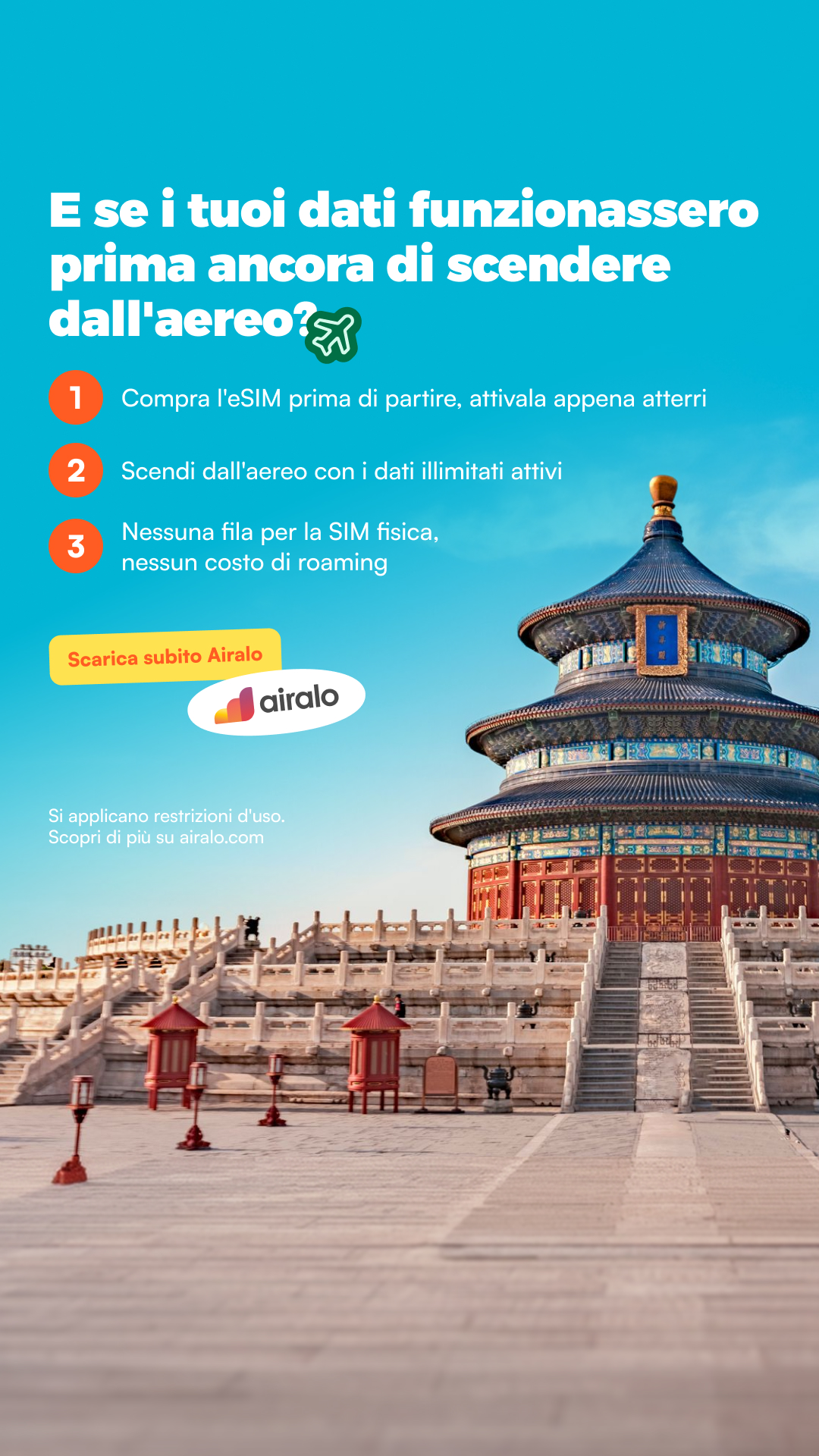 Airalo Global eSIM Store Facebook ad: Vai lontano. Rimani online.