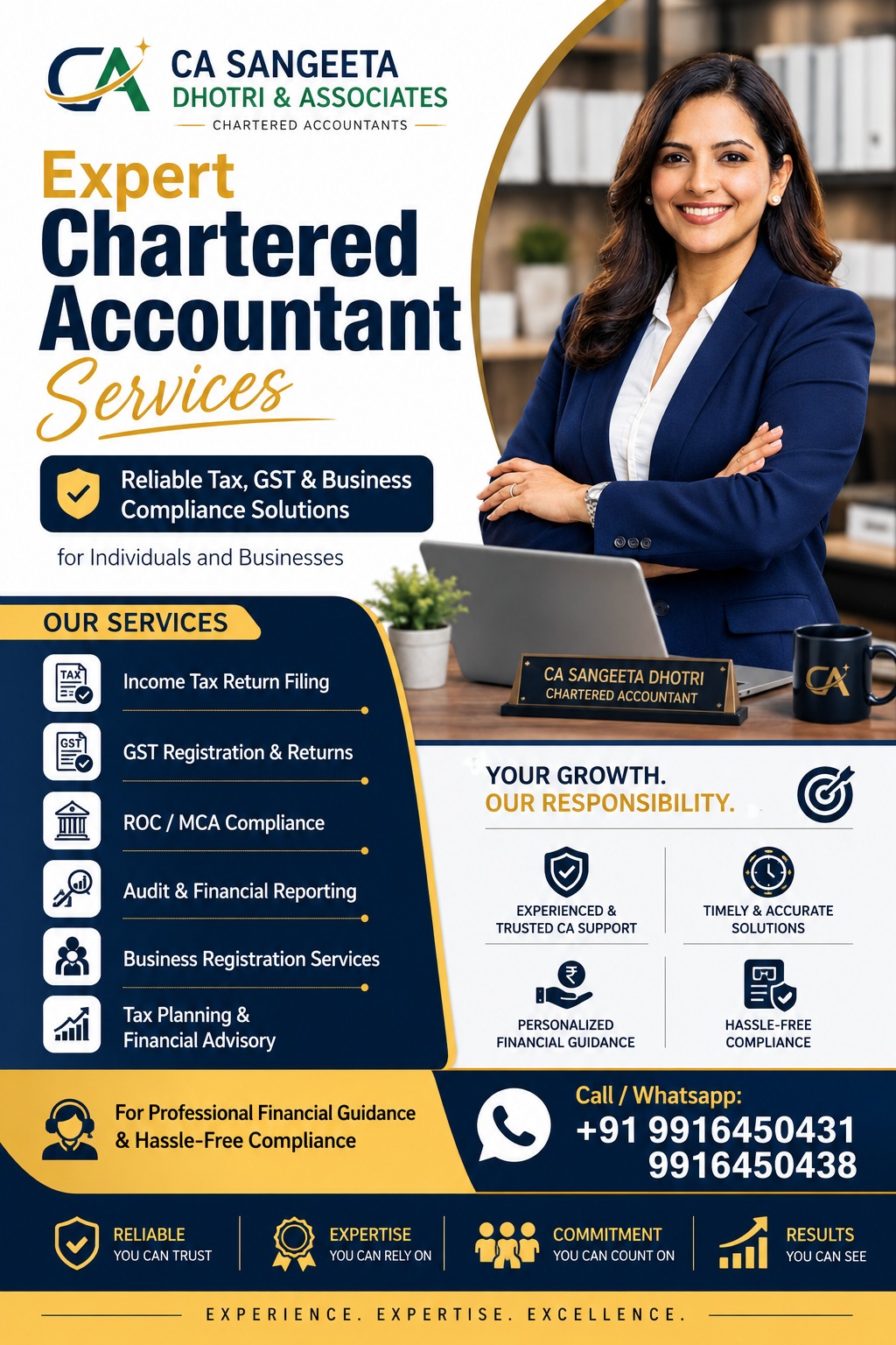 Sangeeta Dhotri & Associates, Chartered Accountan Facebook ad: Expert CA Services, Tax & GST Solutions