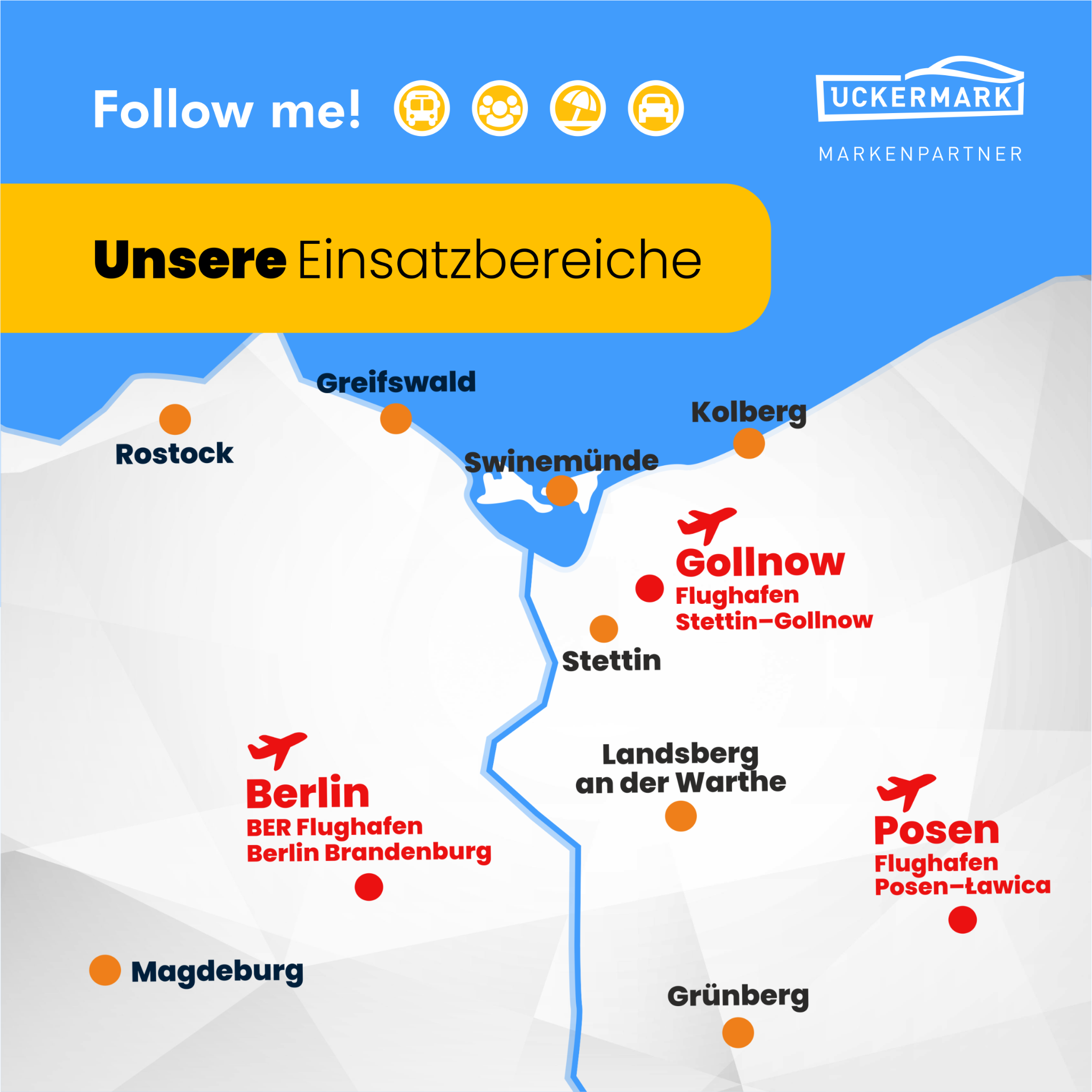 Followme-bus.de - Flughafentransfers, Kurreisen, Busvermietung Facebook ad: Unsere Einsatzbereiche, flexibel, zuverlässig, professionell