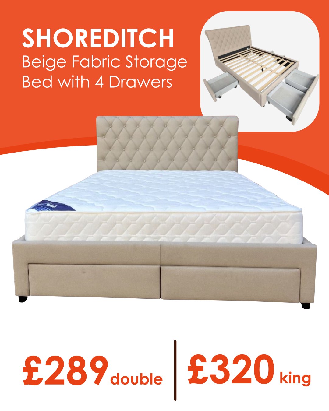 Love Furniture Belfast Facebook ad: Shoreditch Drawer Bed is here in Beige!