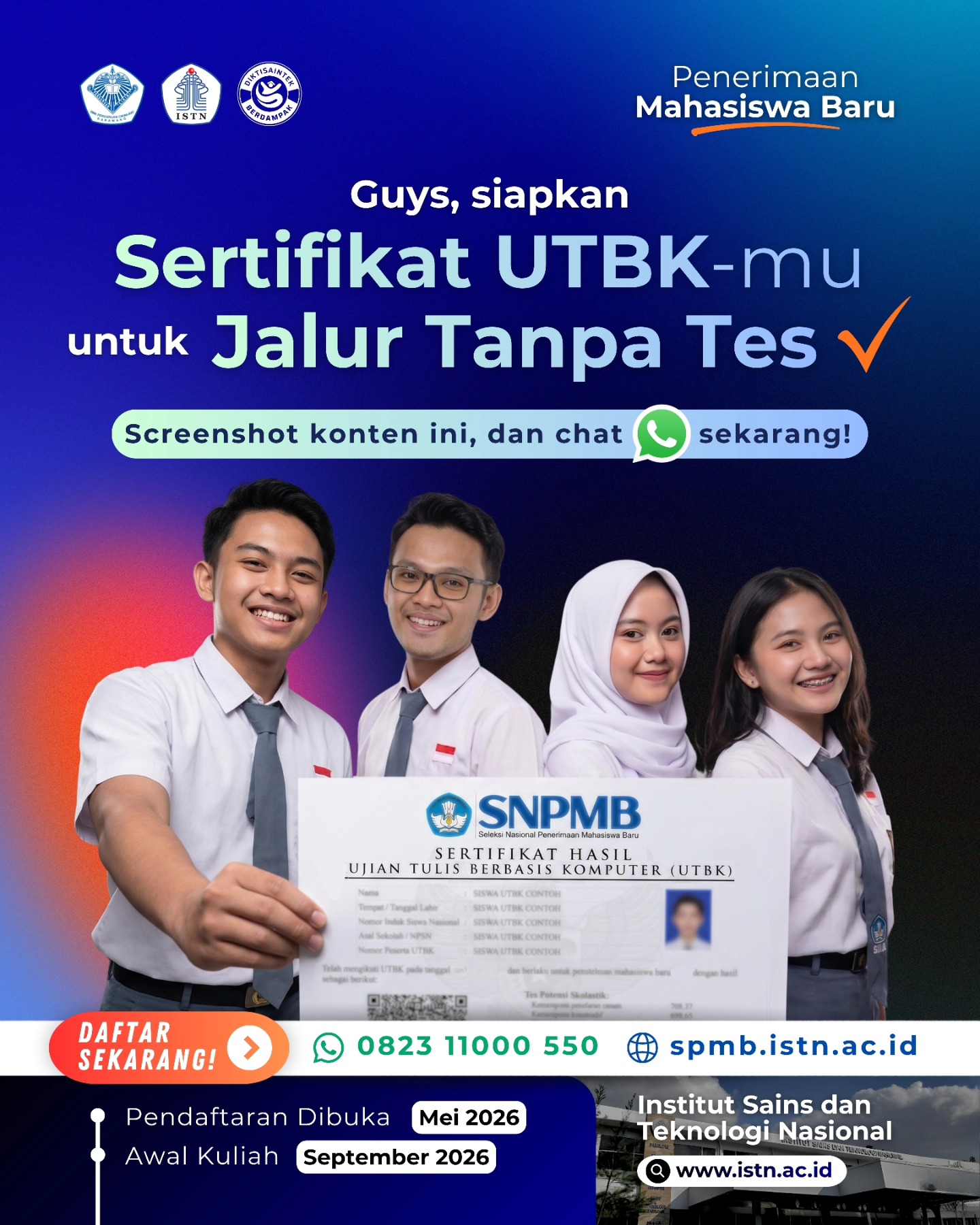 Institut Sains dan Teknologi Nasional - ISTN Facebook ad: JALUR TANPA TES: MASUK KULIAH PAKAI SERTIFIKAT UTBK-MU!