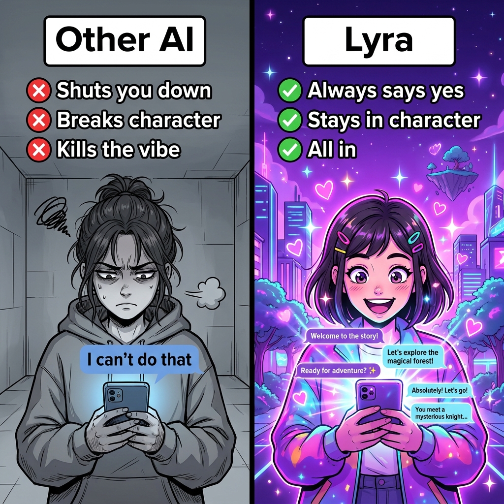 LyraStory Facebook ad: Other AI says 'I can't.' Lyra says 'yes, and…'