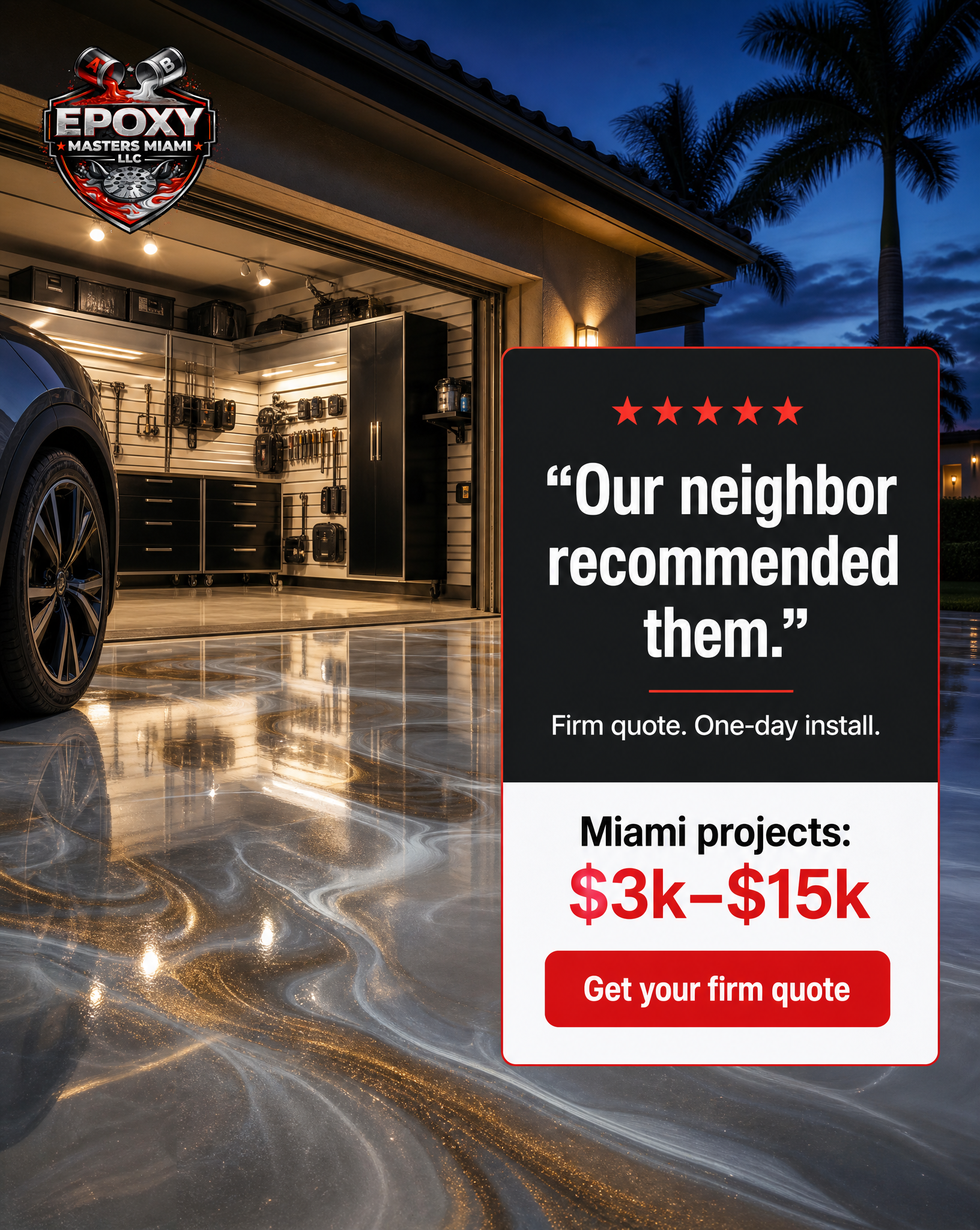 Epoxy masters miami Facebook ad: Miami neighbors trust us, get a firm quote
