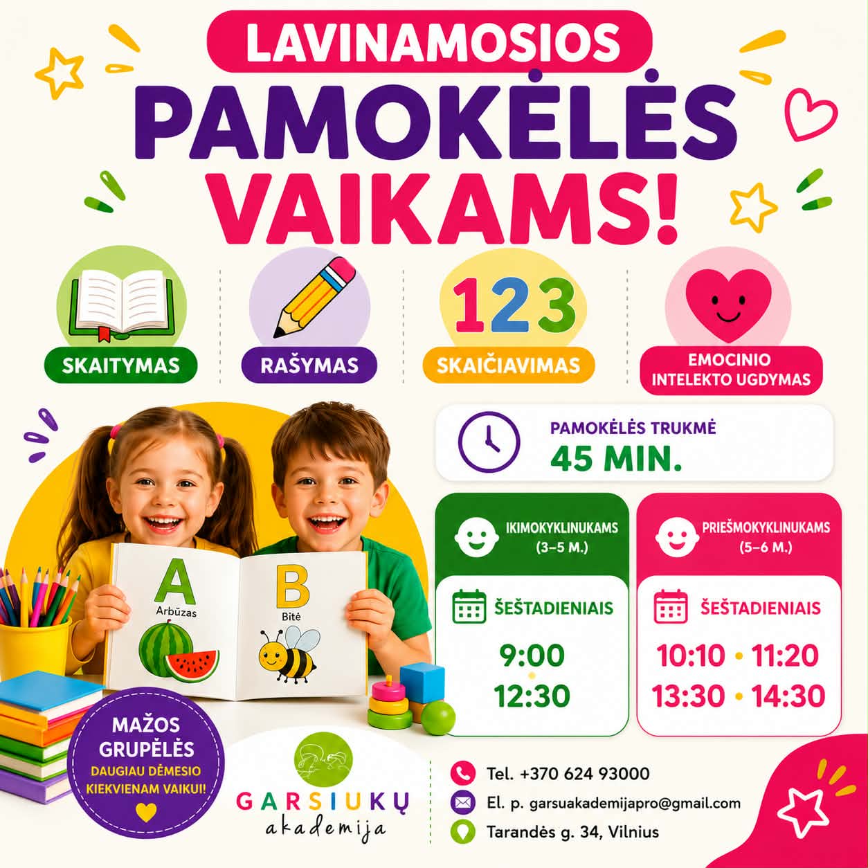 Logopedijos centras Garsiukų akademija Facebook ad: Kviečiame vaikus į lavinamąsias pamokėles!