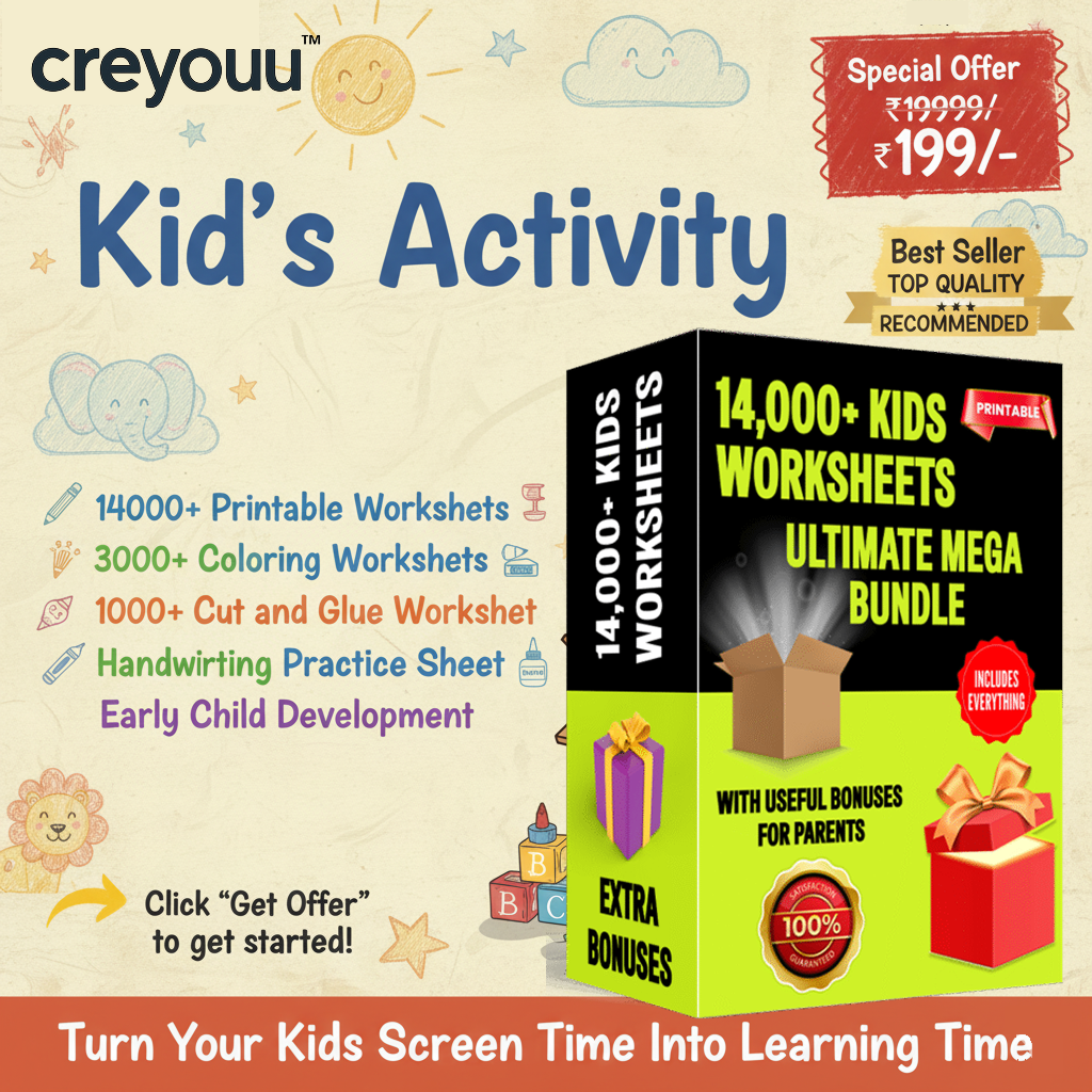 Creyouu Facebook ad: Unlock 14,000+ Worksheets at Rs.199!