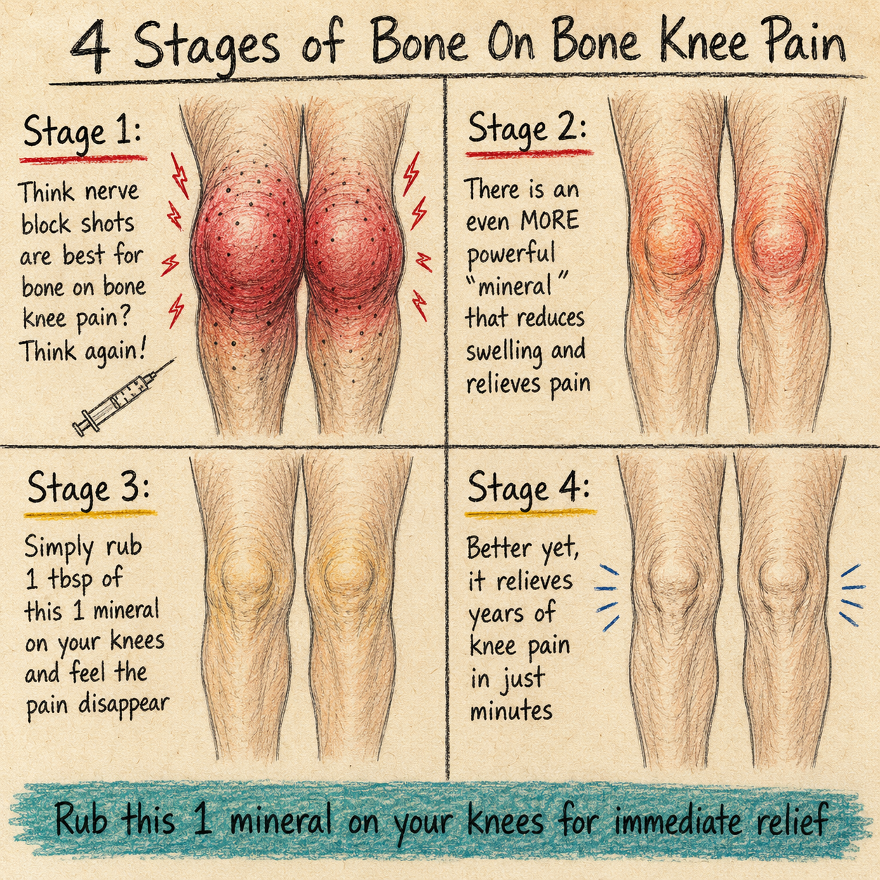 Kathy Miller Facebook ad: 12 years of bone-on-bone knee pain gone in 2 days?