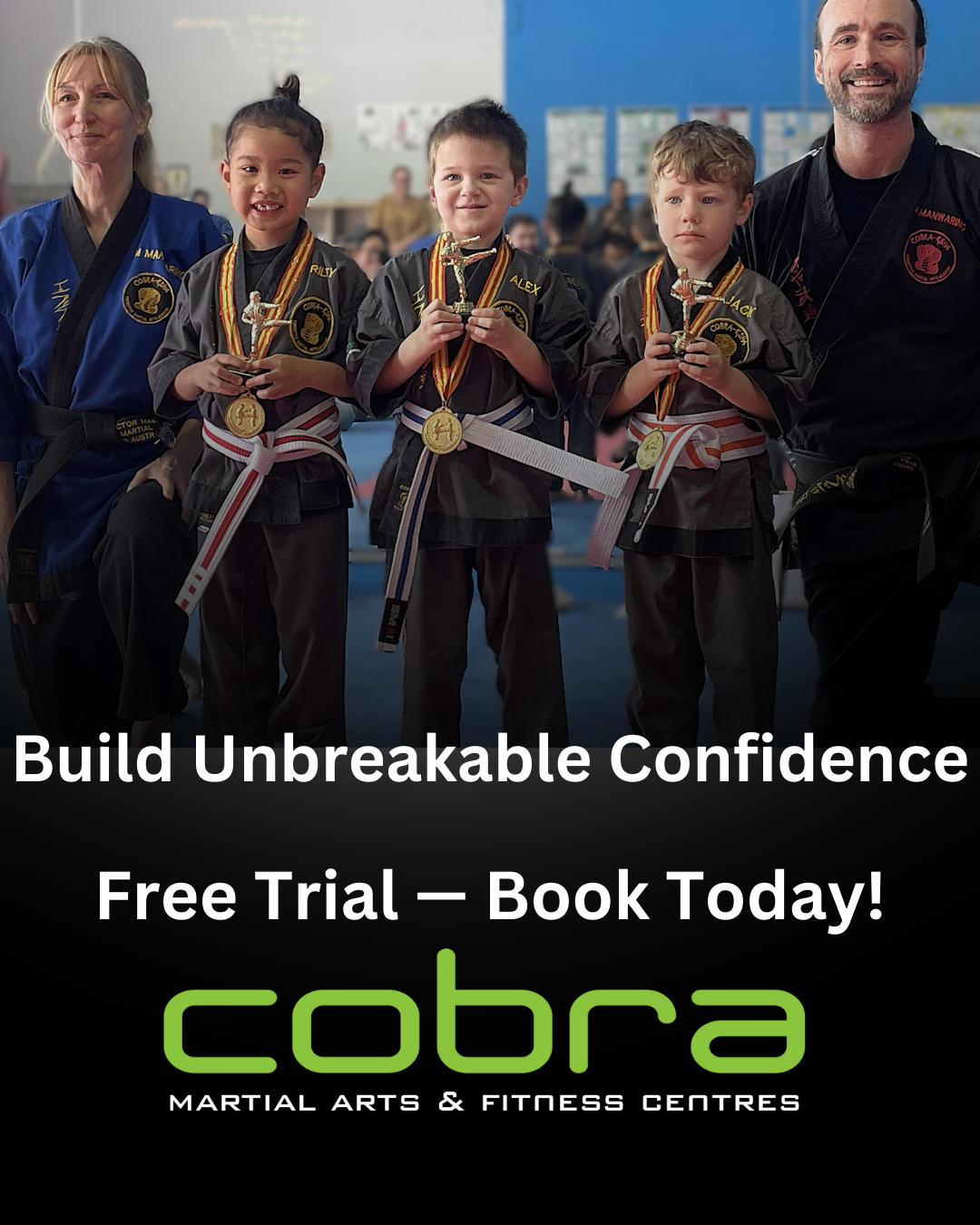 Cobra Martial Arts Morley Facebook ad: Free Kids Martial Arts Class!, Morley’s Home of Discipline…