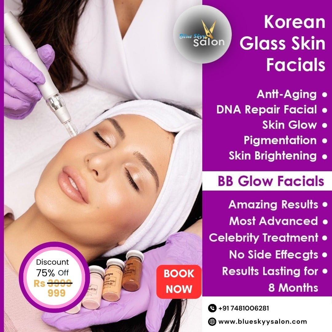 Blue sky family saloon Facebook ad: Korean Glass Skin & BB Glow Facials, Care…