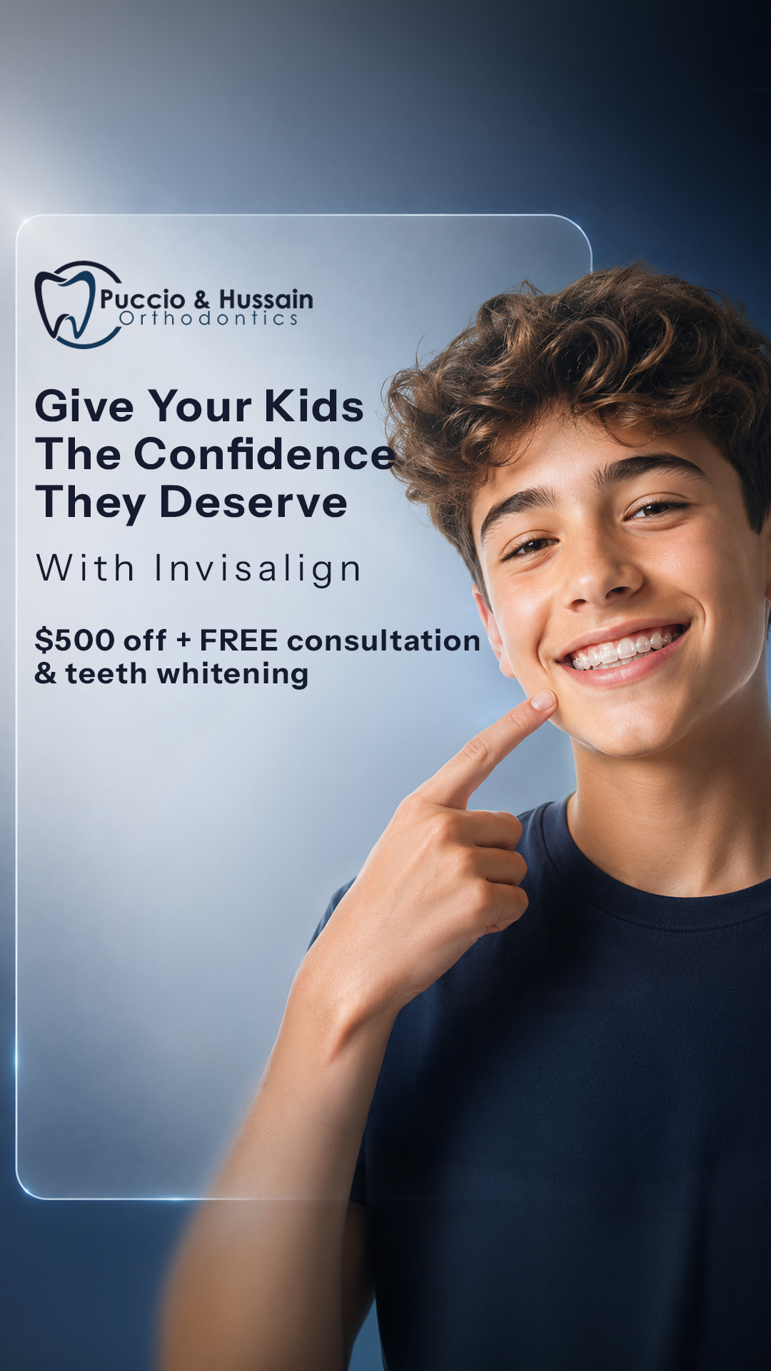 Puccio and Hussain Orthodontics Facebook ad: Give Your Kids Straight Teeth, Hassle Free!