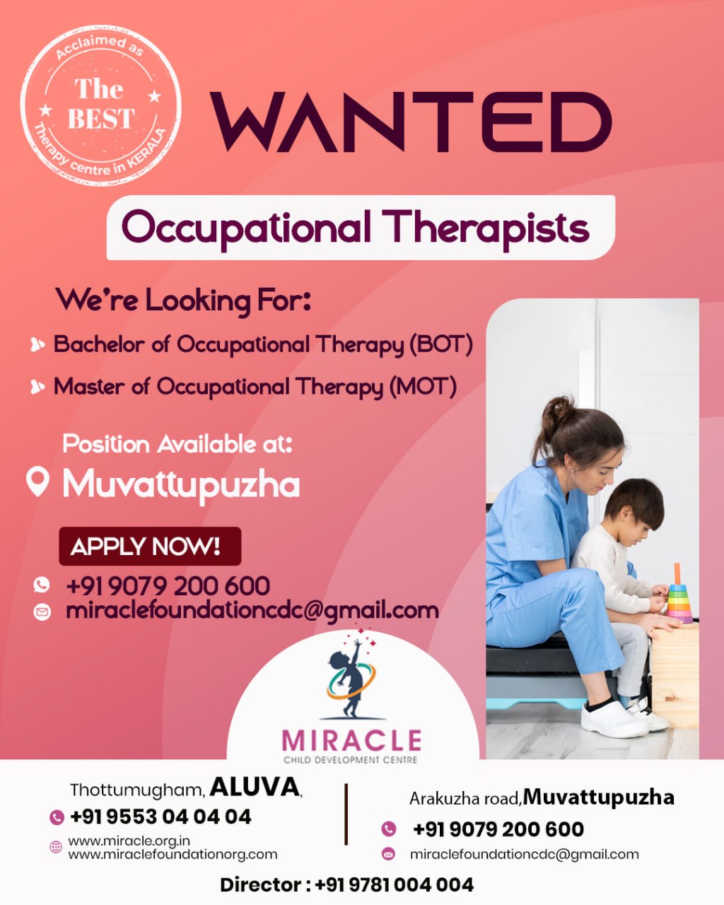 Miracle Child Development Centre Facebook ad: WANTED: Occupational Therapists in Muvattupuzha