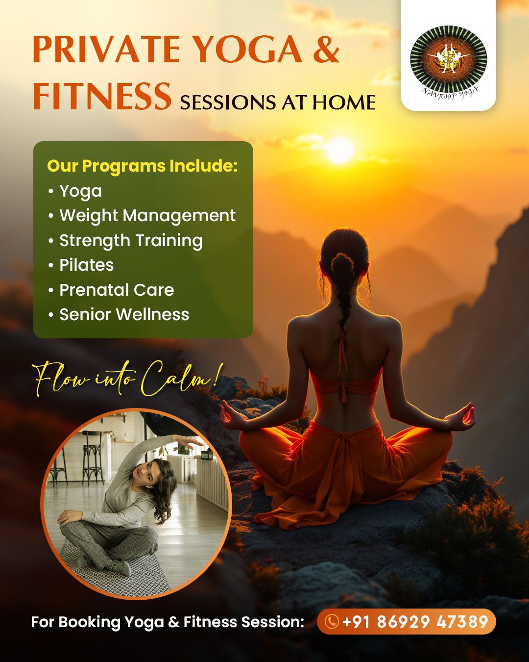 Navroop Yoga Fitness & Wellness Academy Facebook ad: Private Yoga & Fitness Sessions at Home