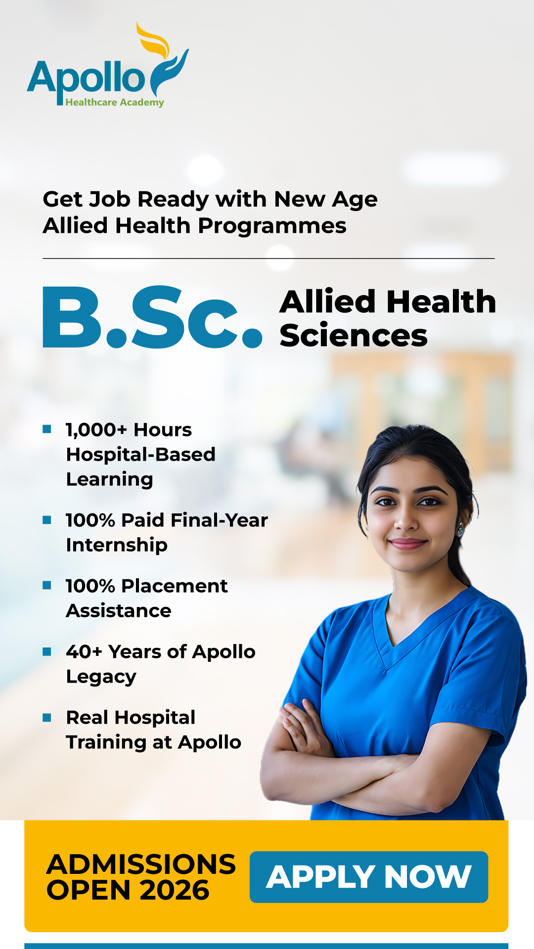 Apollo Healthcare Academy Facebook ad from Feb 25, 2026