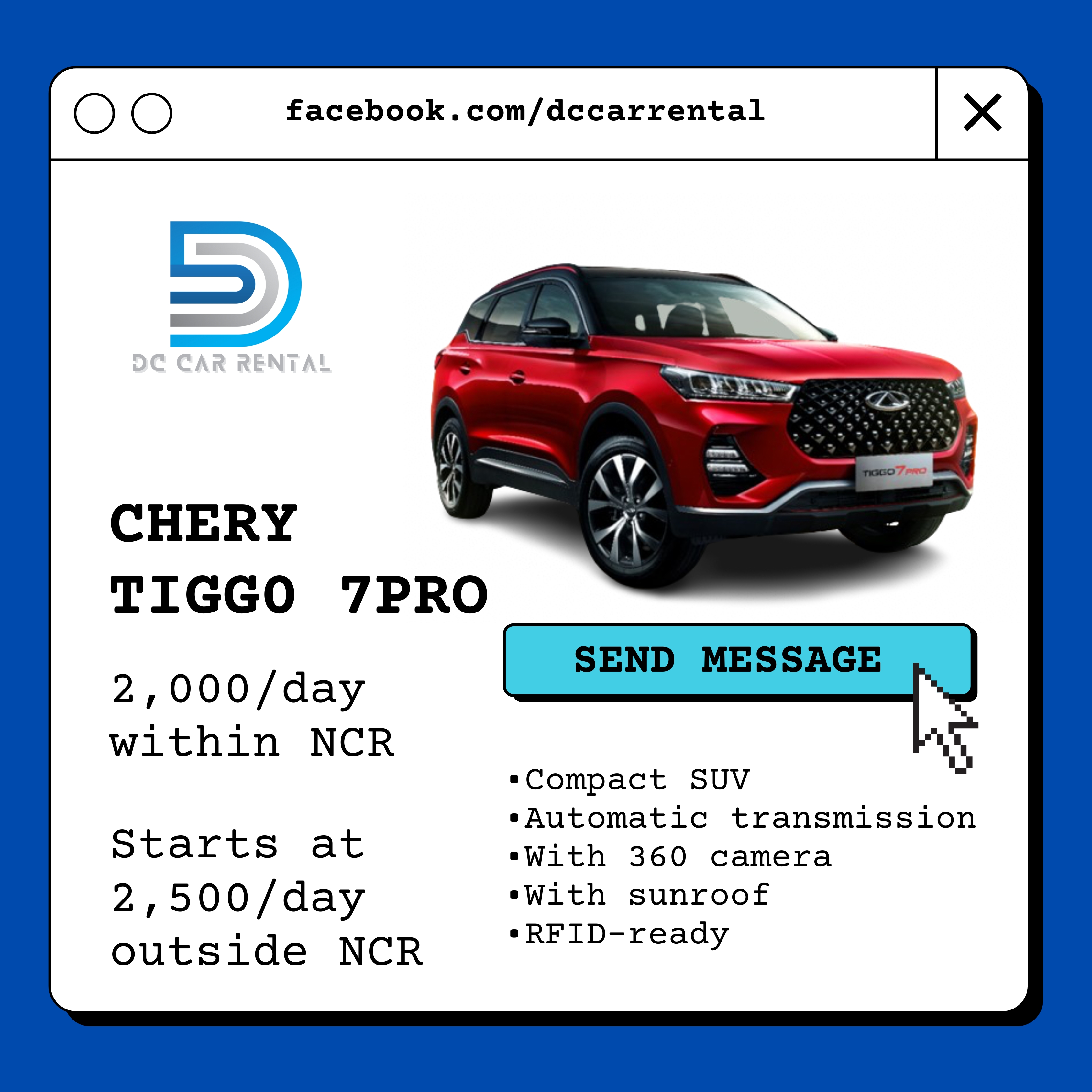 DC Car Rental Facebook ad: LIMITED SLOTS AVAILABLE, BOOK YOUR RIDE TODAY!