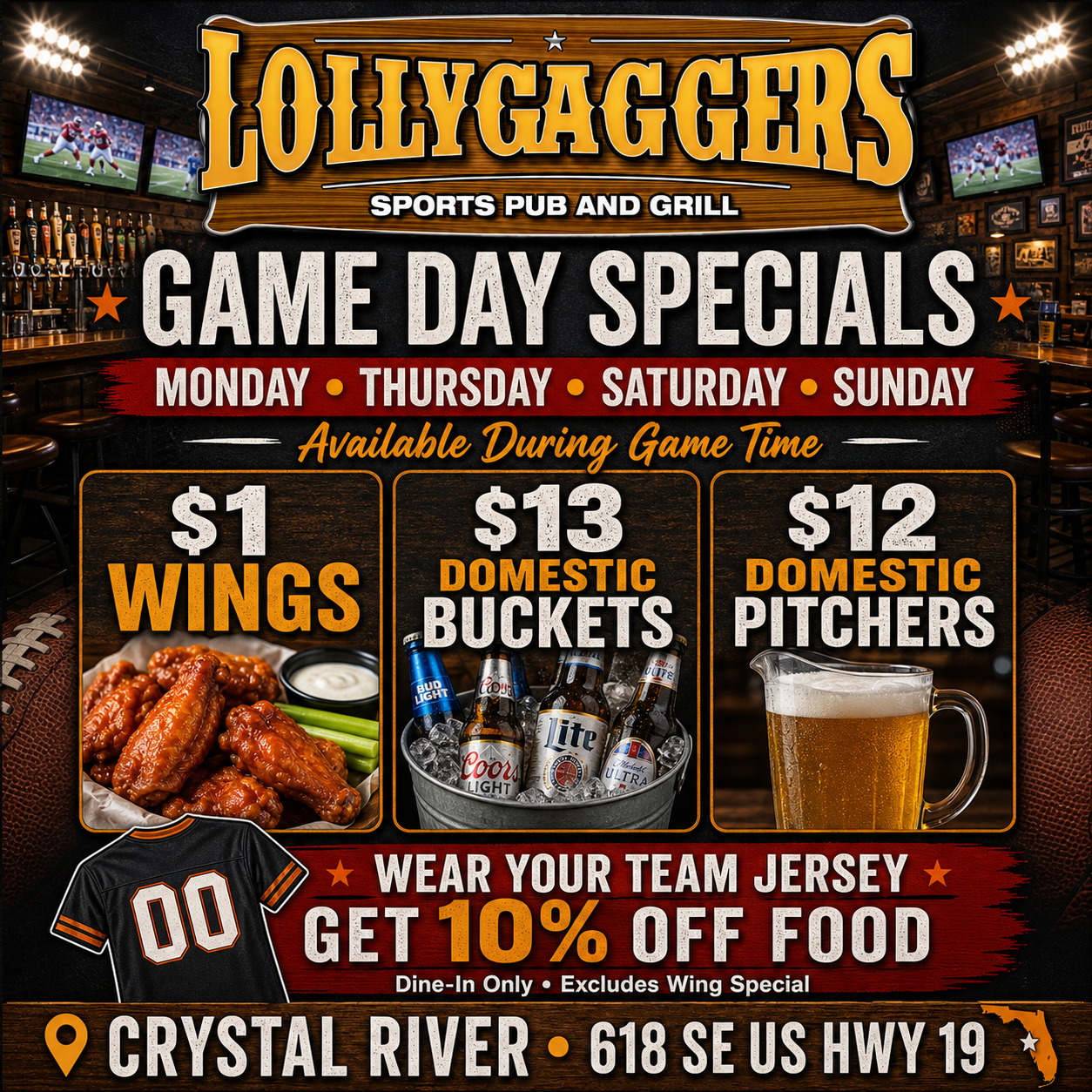 Lollygaggers Sports Pub & Grill - Crystal River Facebook ad: Lollygaggers Crystal River has something going all week…