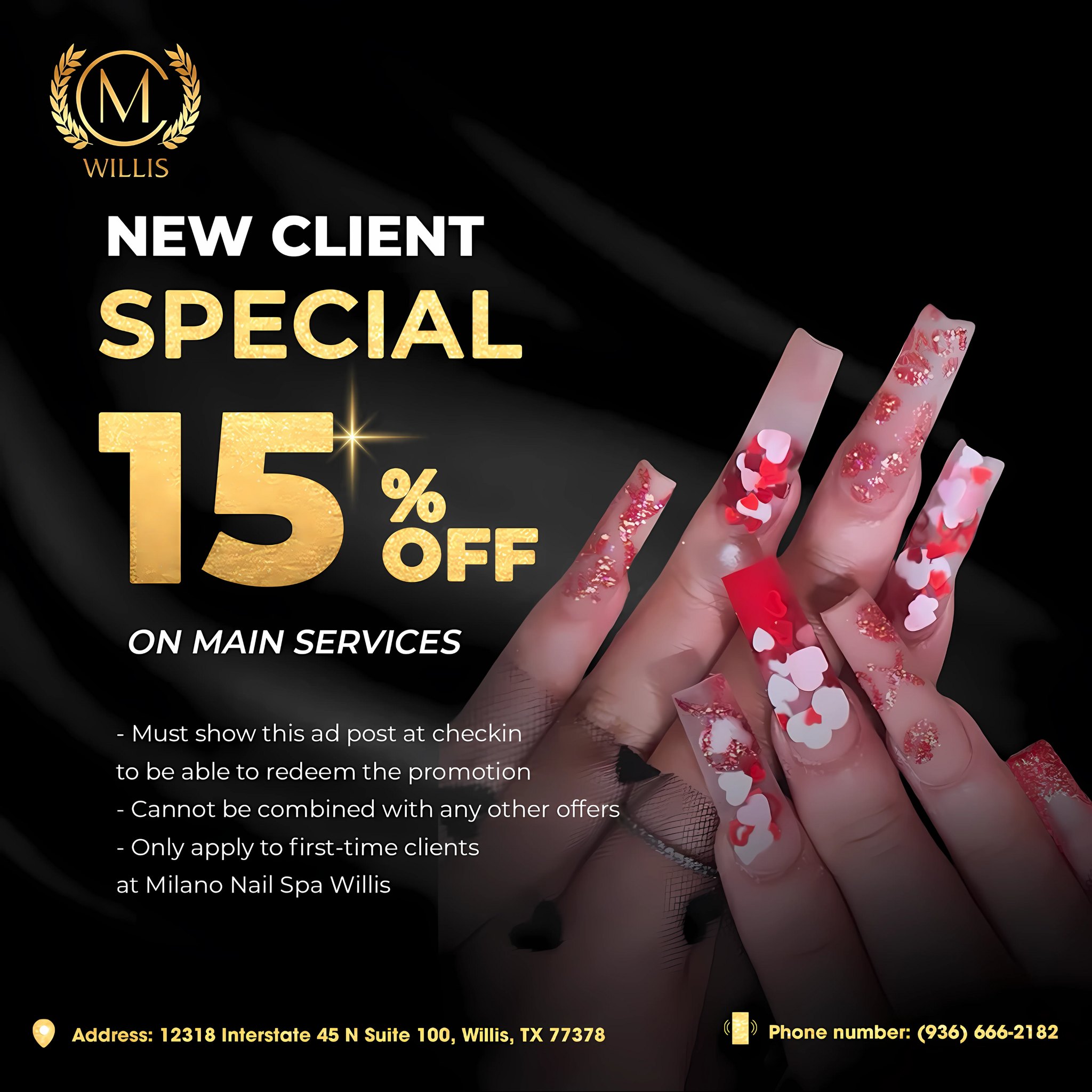 Milano Nail Spa Willis Facebook ad: NEW CLIENT SPECIAL PROMO: 15% OFF ON ALL…