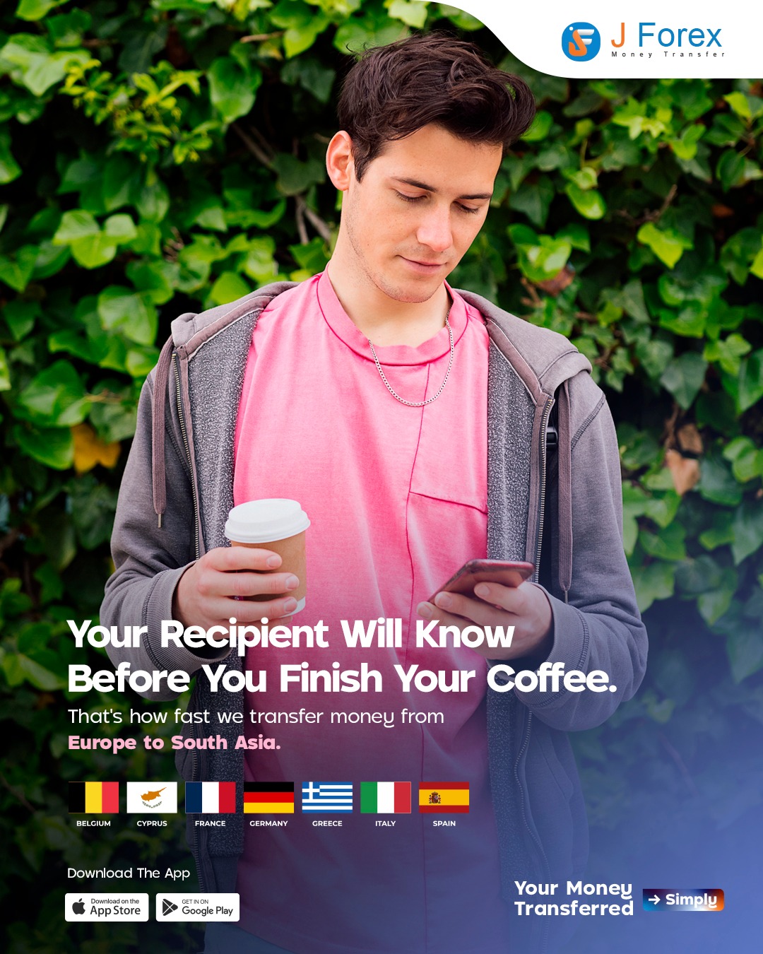 J Forex Money Transfer Facebook ad: Coffee’s still warm, but the money’s already there