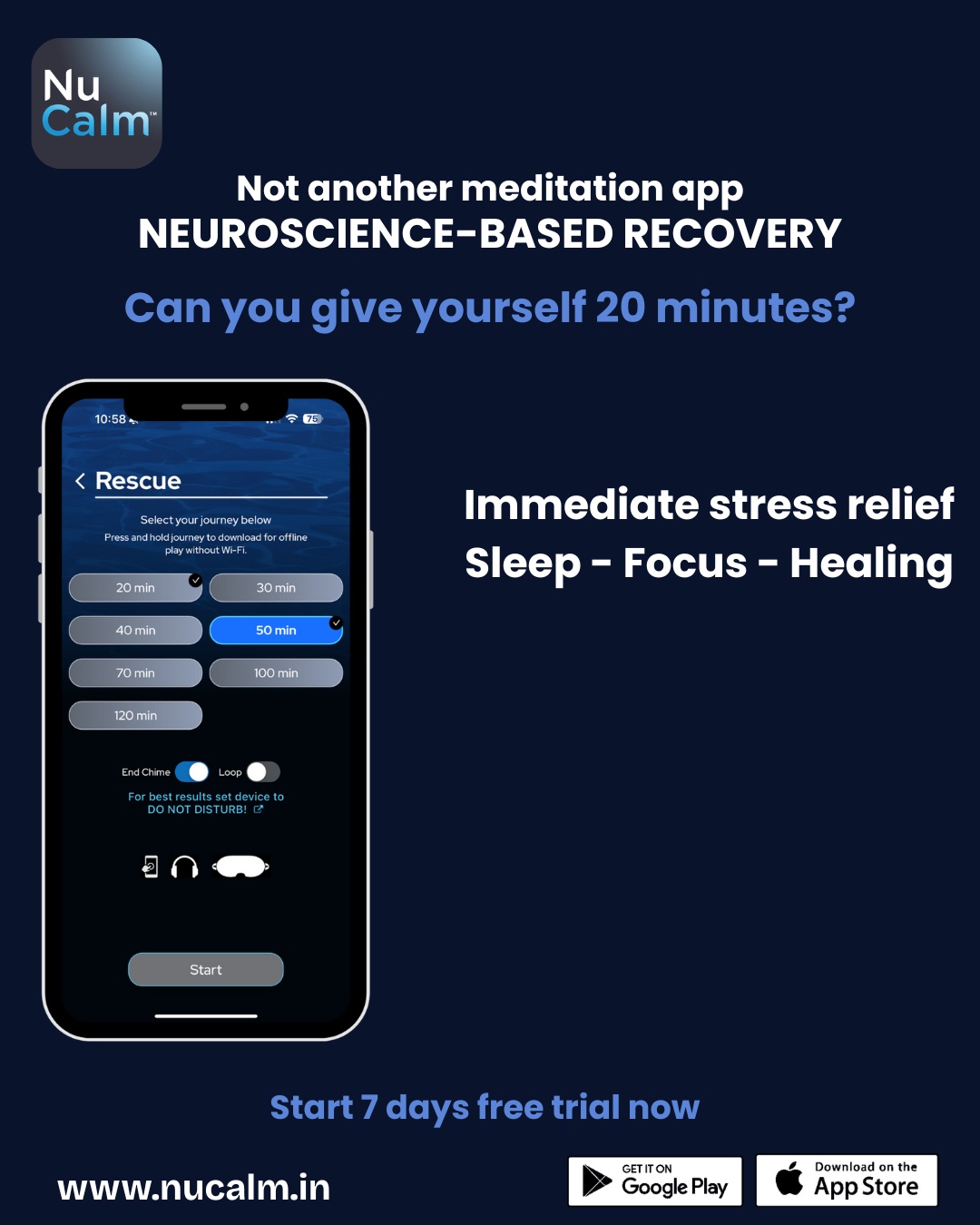 NuCalm India Facebook ad: A 20-minute nervous-system reset.