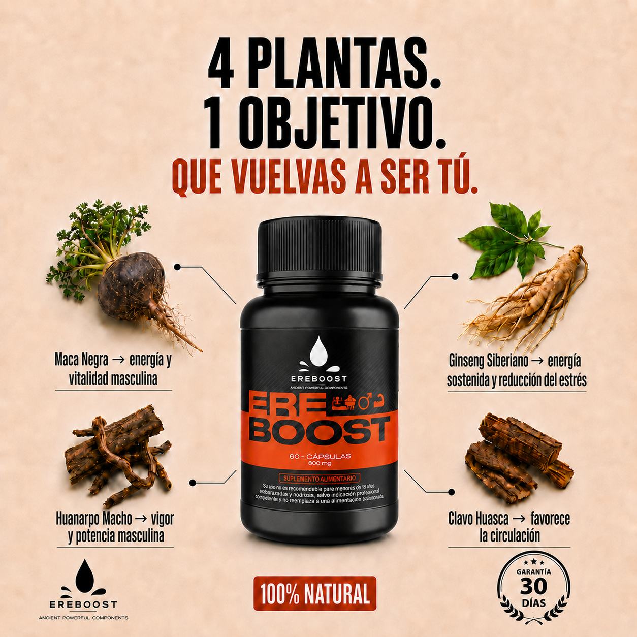 Ereboost Facebook ad: Ereboost Potenciador masculino 100% natural Maca negra