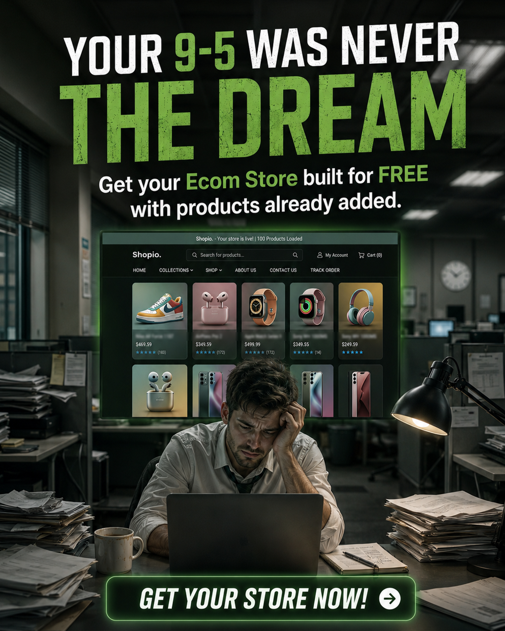 Freestorebuilder Facebook ad: Free Ecommerce Store In 15 Minutes