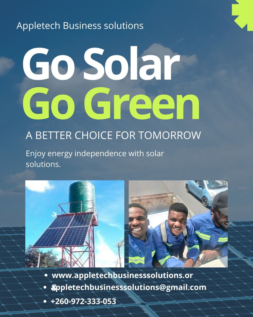 Appletech business solutions Facebook ad: STOP DEPENDING ON LOADSHEDDING FOR WATER.