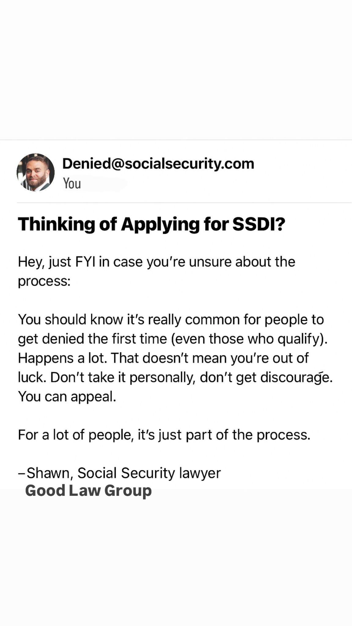 The Good Law Group Facebook ad: Denied SSD? We Can Help