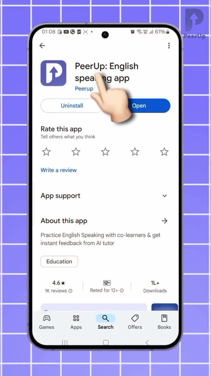 PeerUp - English Speaking App Facebook ad: No boring lessons. Learn English by actually talking