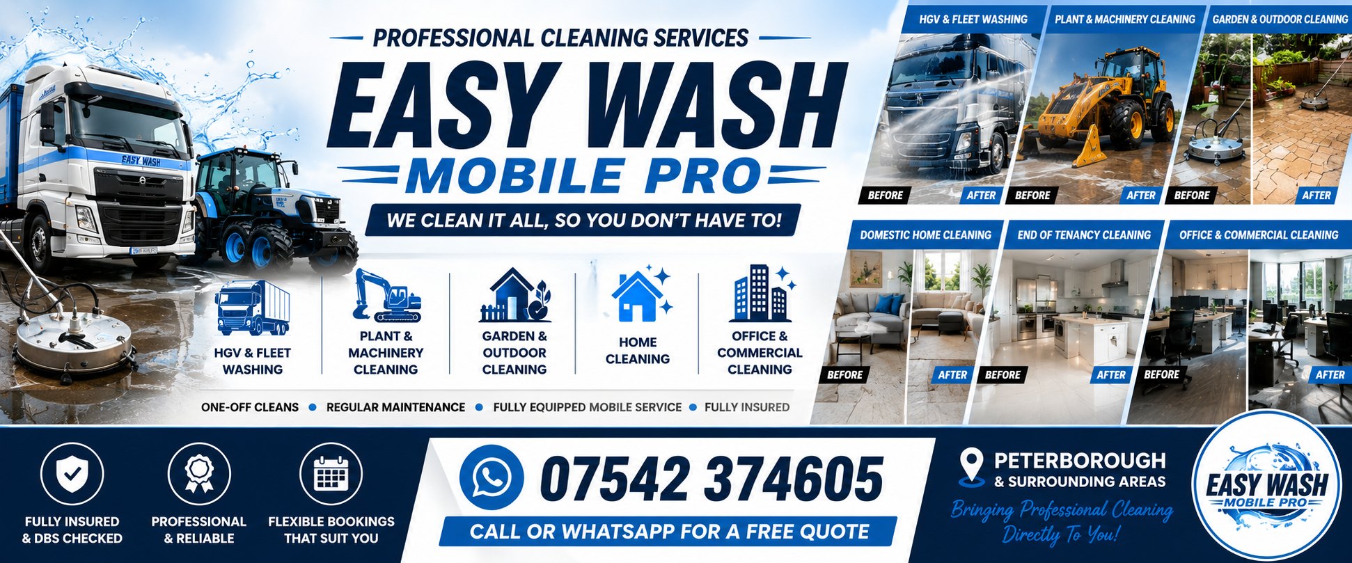 Easy Wash & Co. HGV & Plant Mobile Wash Facebook ad: **Easy Wash Mobile Pro Has Expanded!**