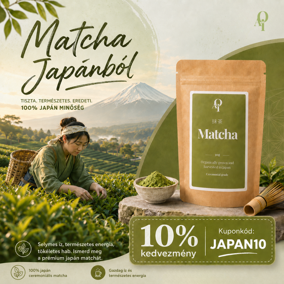 AOI Matcha Facebook ad: 10% kedvezmény JAPAN10 kóddal