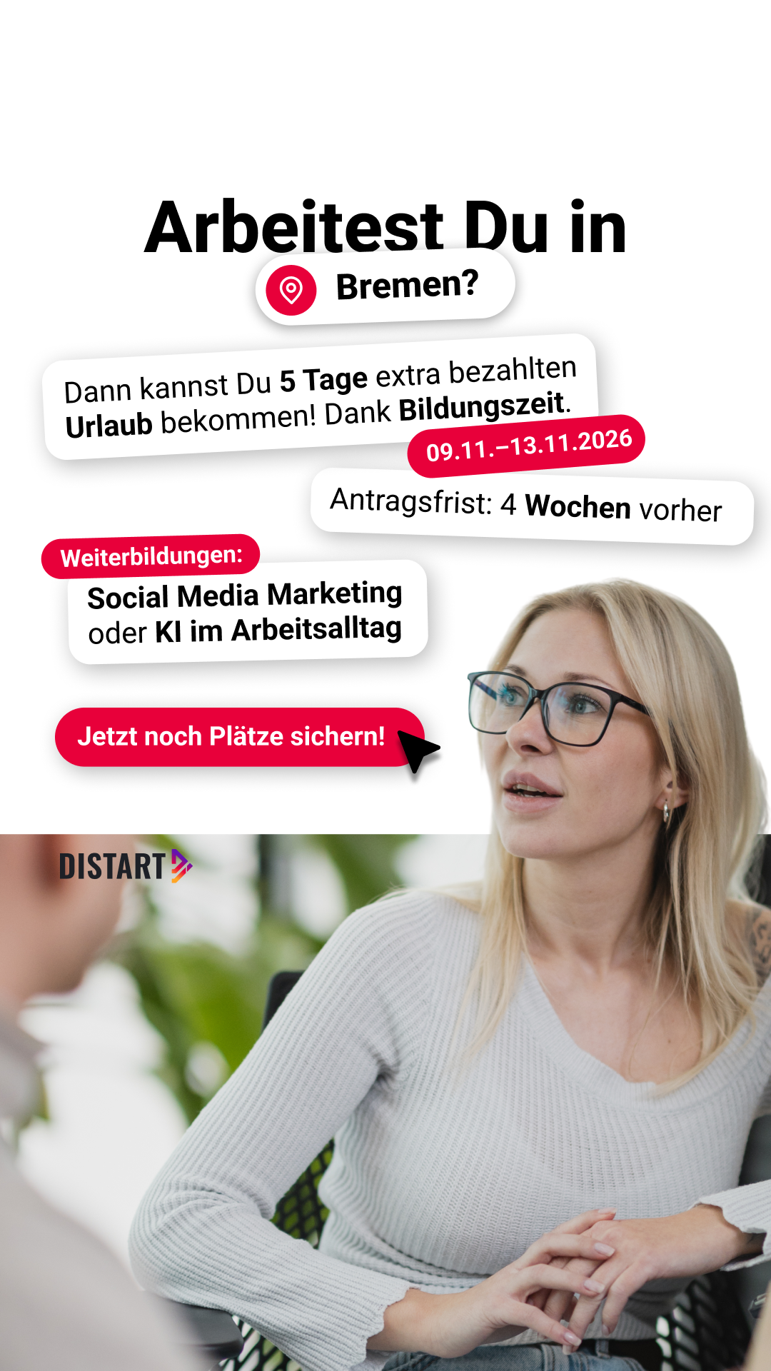 Distart Facebook ad: 5 Tage bezahlt weiterbilden