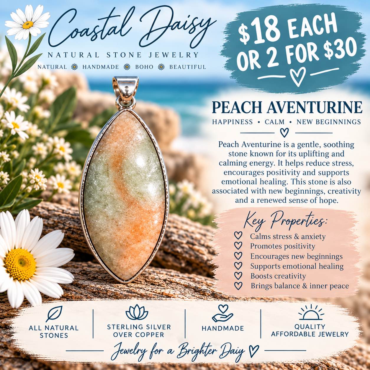 Sonja Townsend Boostrom Facebook ad: Coastal Daisy Natural Stone Pendants - Peach Aventurine…