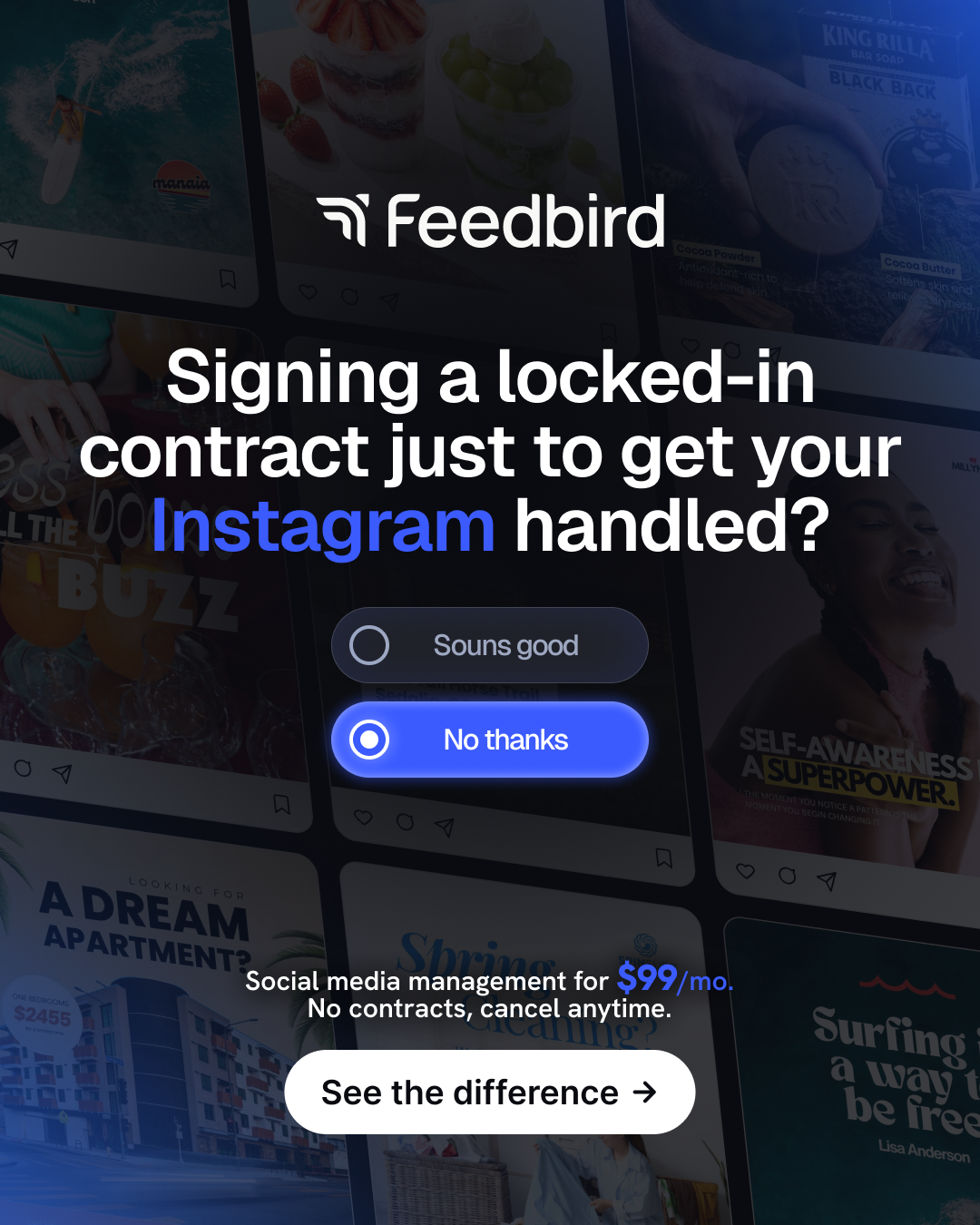 Feedbird Facebook ad: Social media, handled - $99/mo