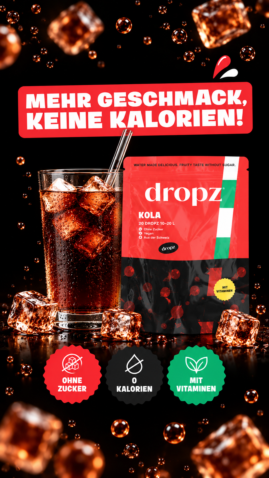 dropz Facebook ad: Mach Wasser zu deinem Lieblingsdrink