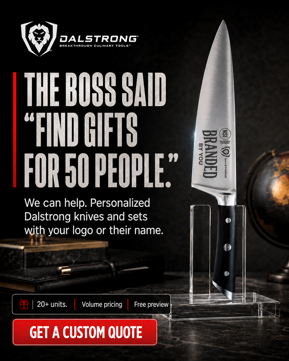 Dalstrong Facebook ad: Bulk Engraved Gifts, One Logo
