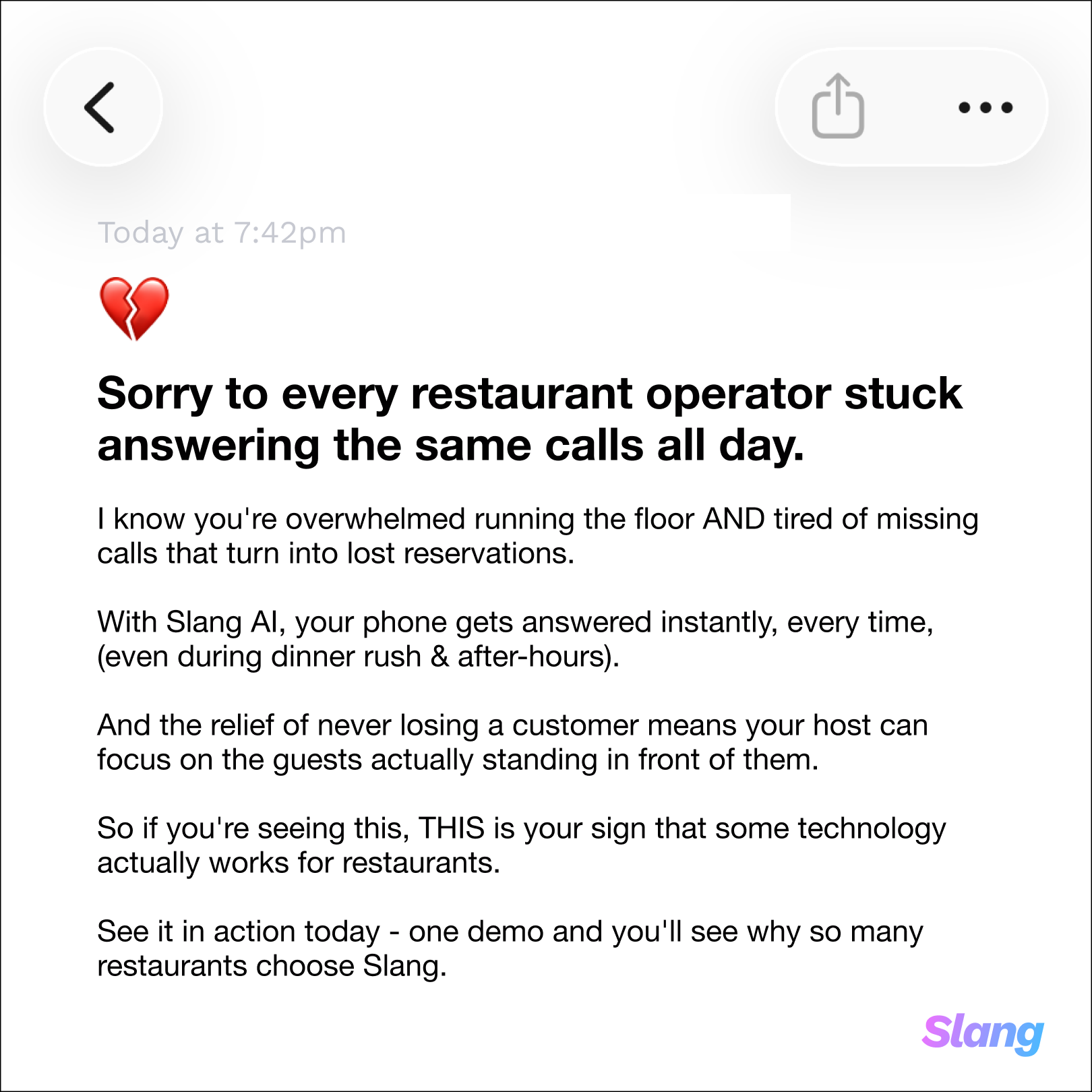 Slang AI Facebook ad: 24/7 Phone Answering for OpenTable Restaurants