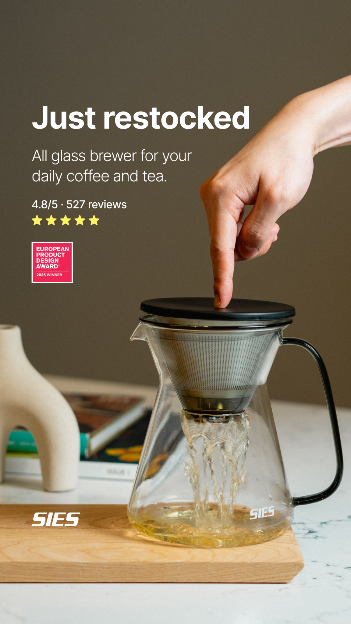 SIES Products Facebook ad: In Stock: all glass hybrid tea & coffee brewer
