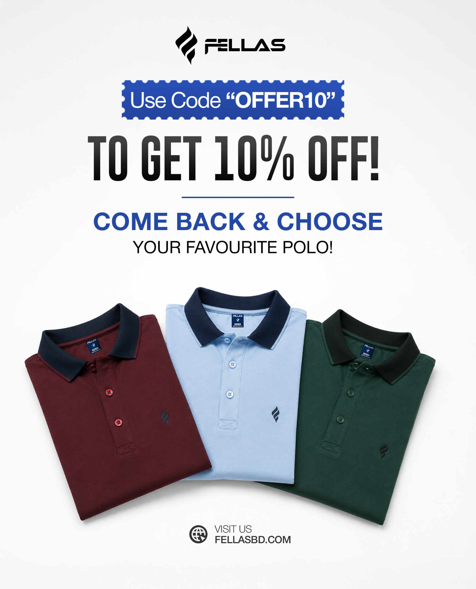 Fellas Fashion Facebook ad: Extra 10% OFF on Your Favorite Polo