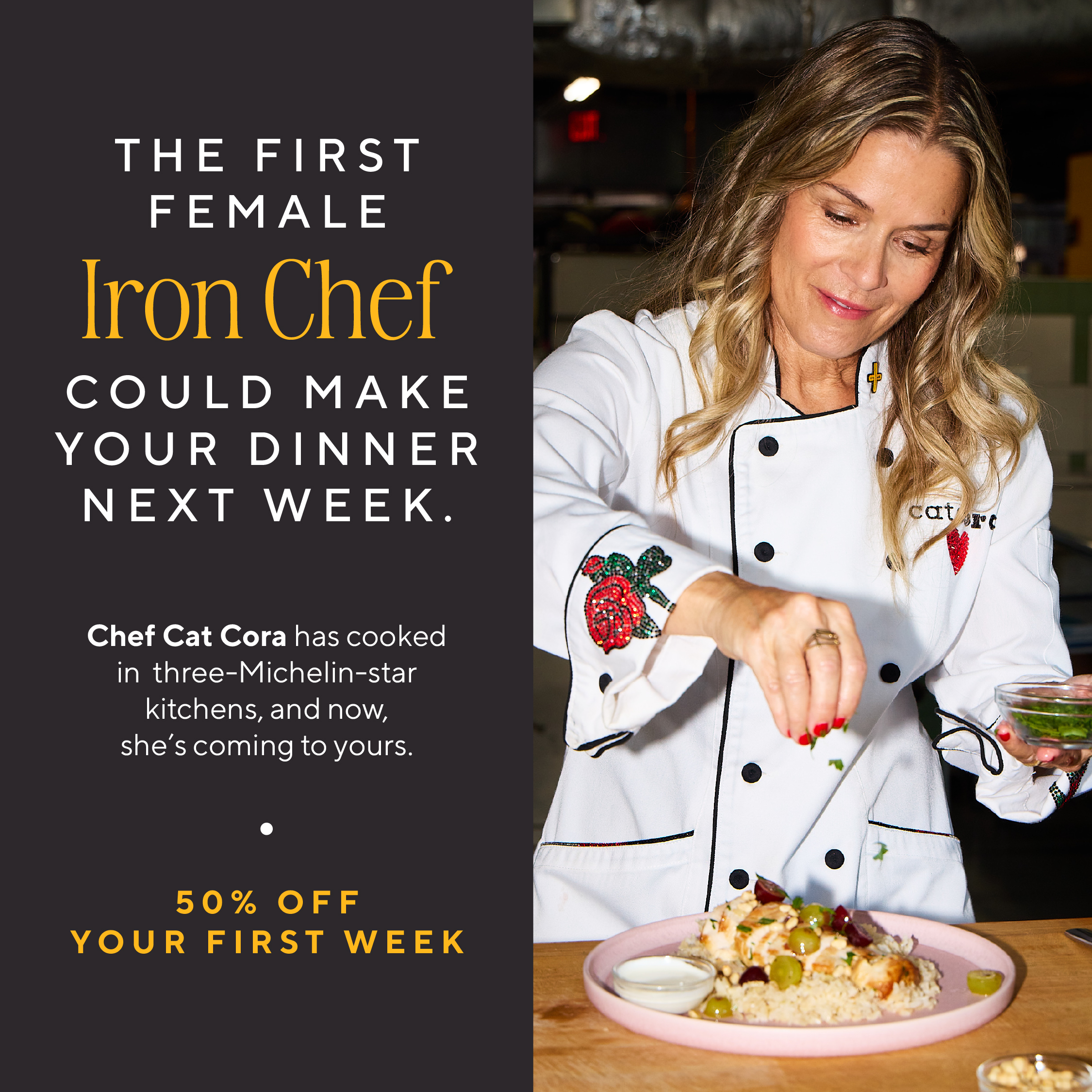Cat Cora Facebook ad: Click Here to Get 50% Off Your 1st Week!