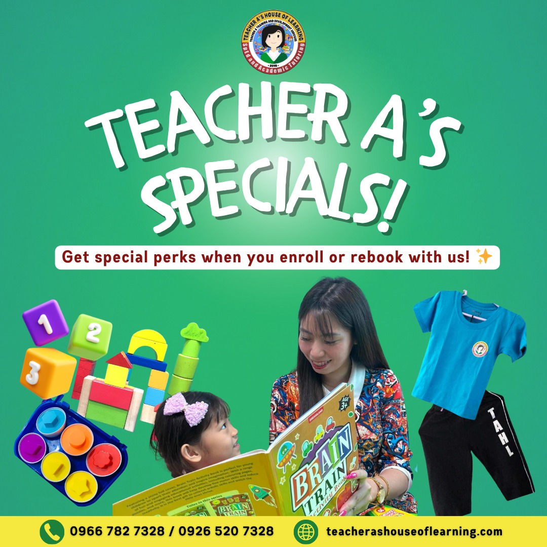 Teacher A's House of Learning-Main Office Facebook ad: 𝐓𝐞𝐚𝐜𝐡𝐞𝐫 𝐀’𝐬 𝐒𝐩𝐞𝐜𝐢𝐚𝐥𝐬 𝐀𝐫𝐞 𝐇𝐞𝐫𝐞!