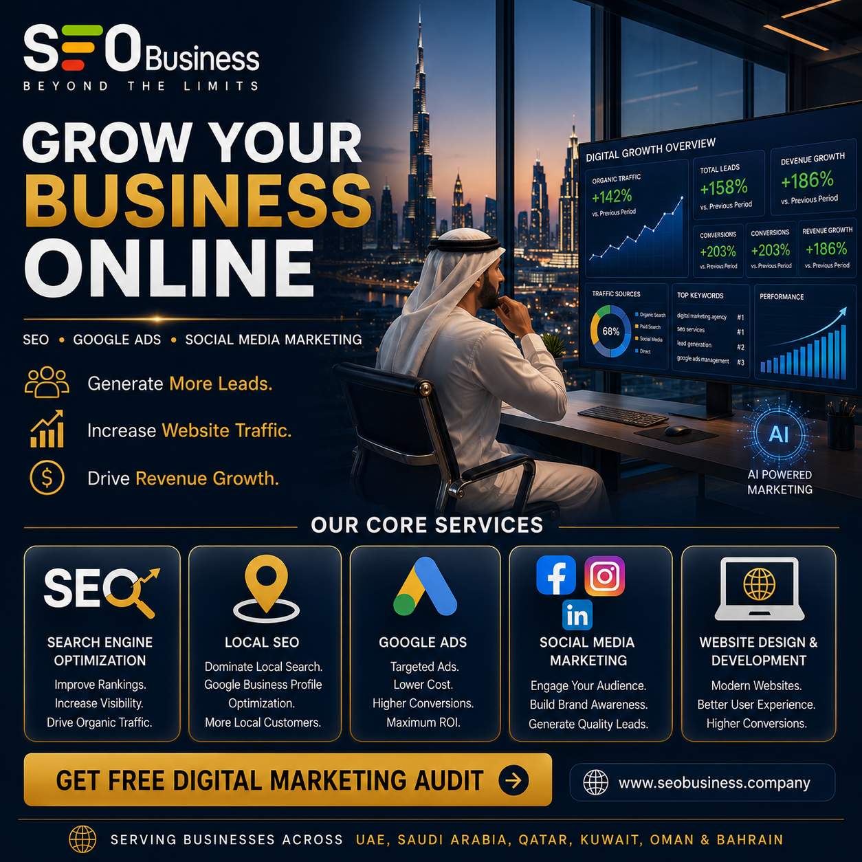 SEO Business Company Facebook ad: Get your FREE Digital Marketing Audit and discover growth…